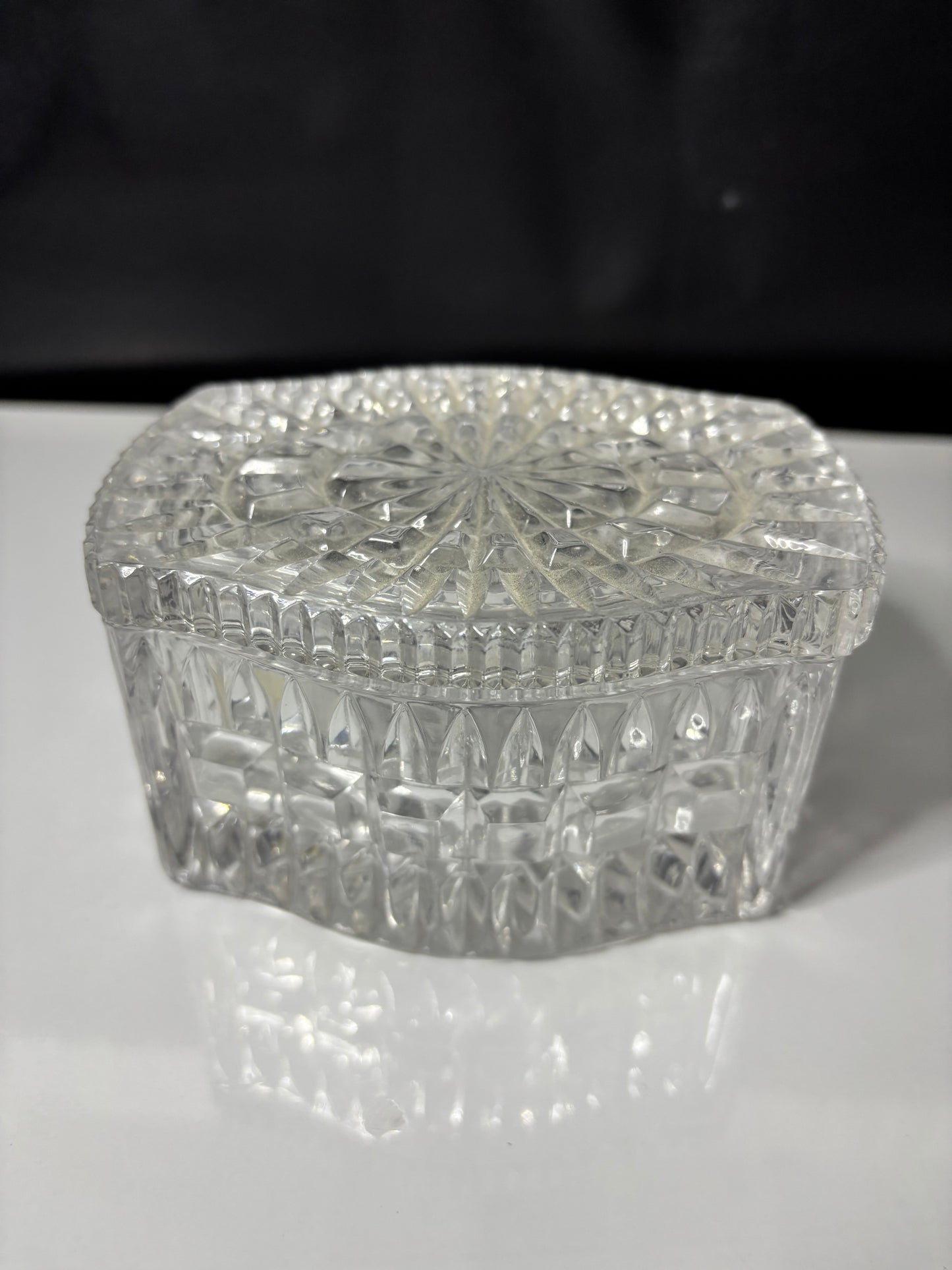 Vintage Pressed Glass Trinket Box with Starburst Lid – 4" x 3" x 2.5"