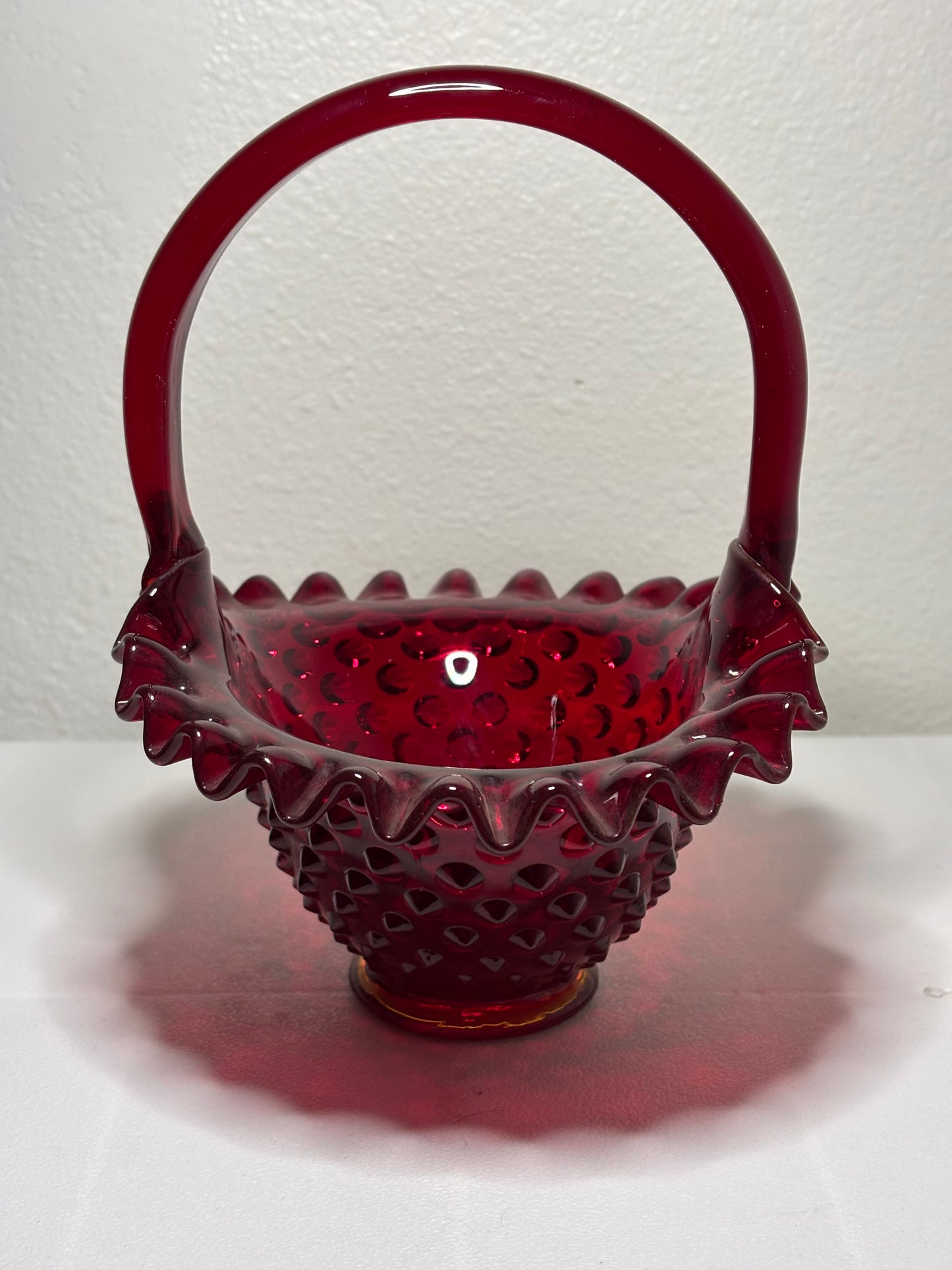 Vintage Ruby Red Hobnail Glass Basket – Ruffled Edge – Fenton Style