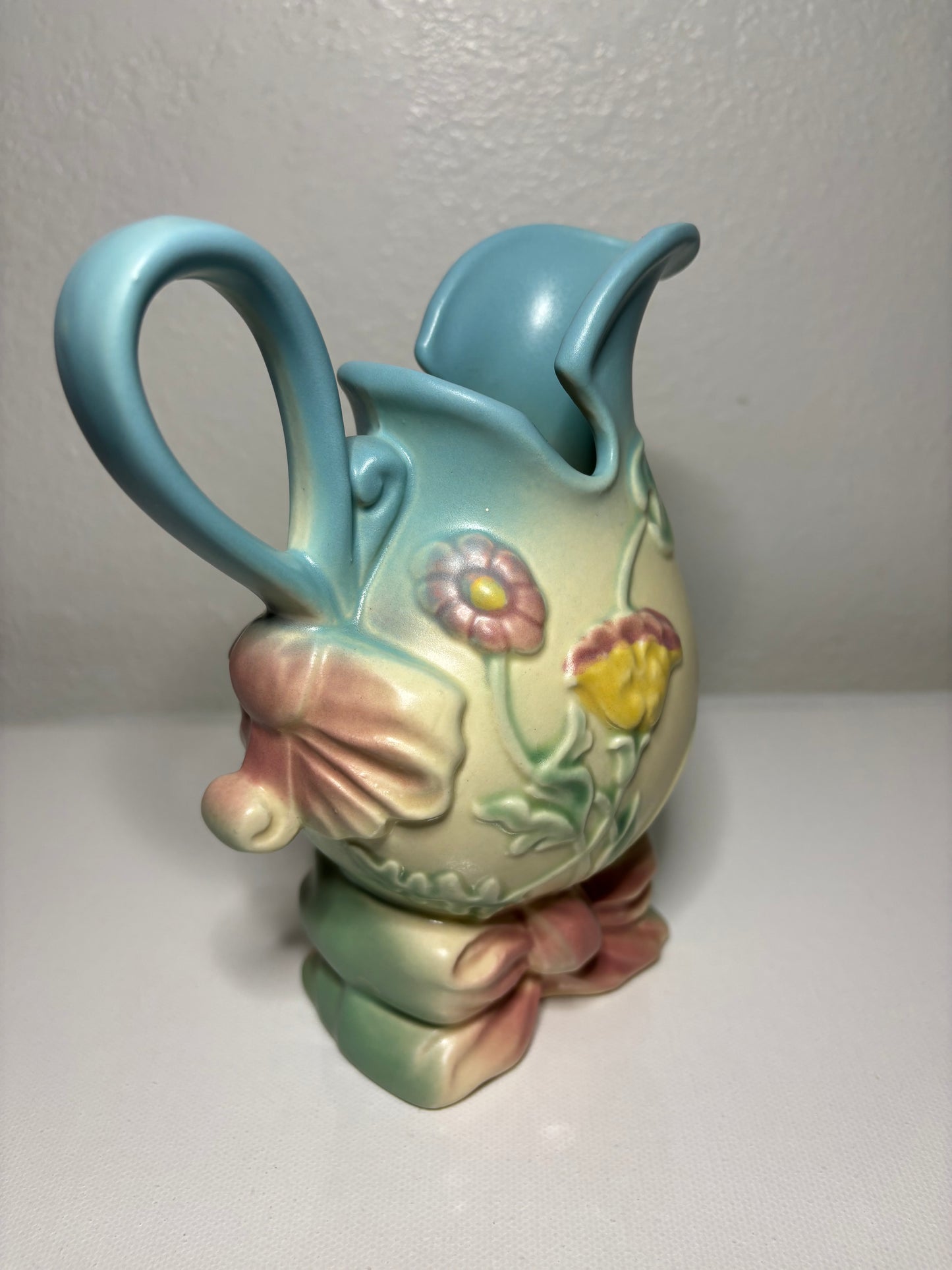 Vintage Pastel Floral Pitcher Vase – Ribbon Base & Embossed Flowers | 7” Tall