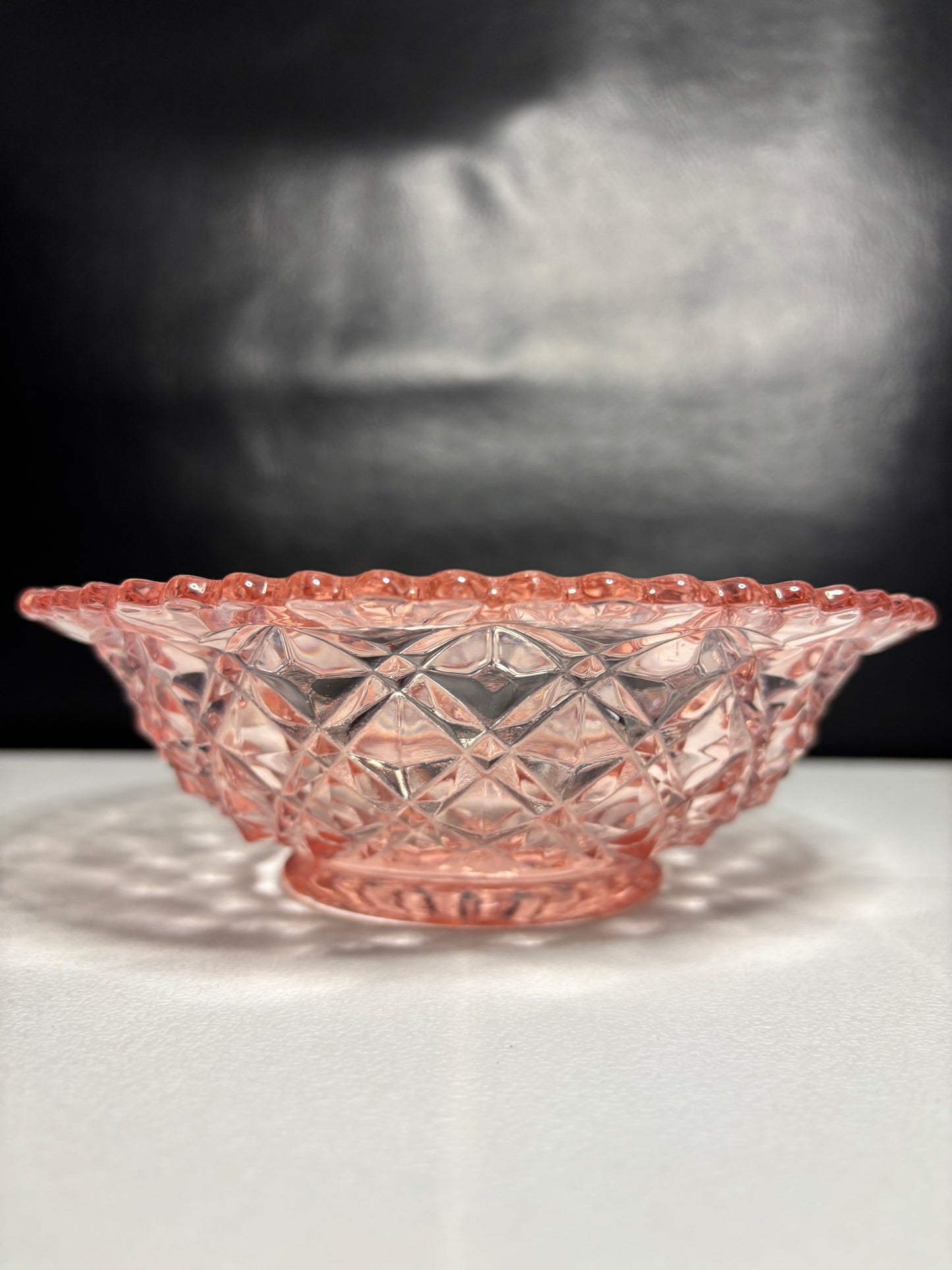 Vintage Pink Pressed Glass Bowl – Diamond Point with Starburst Base, 6.5"