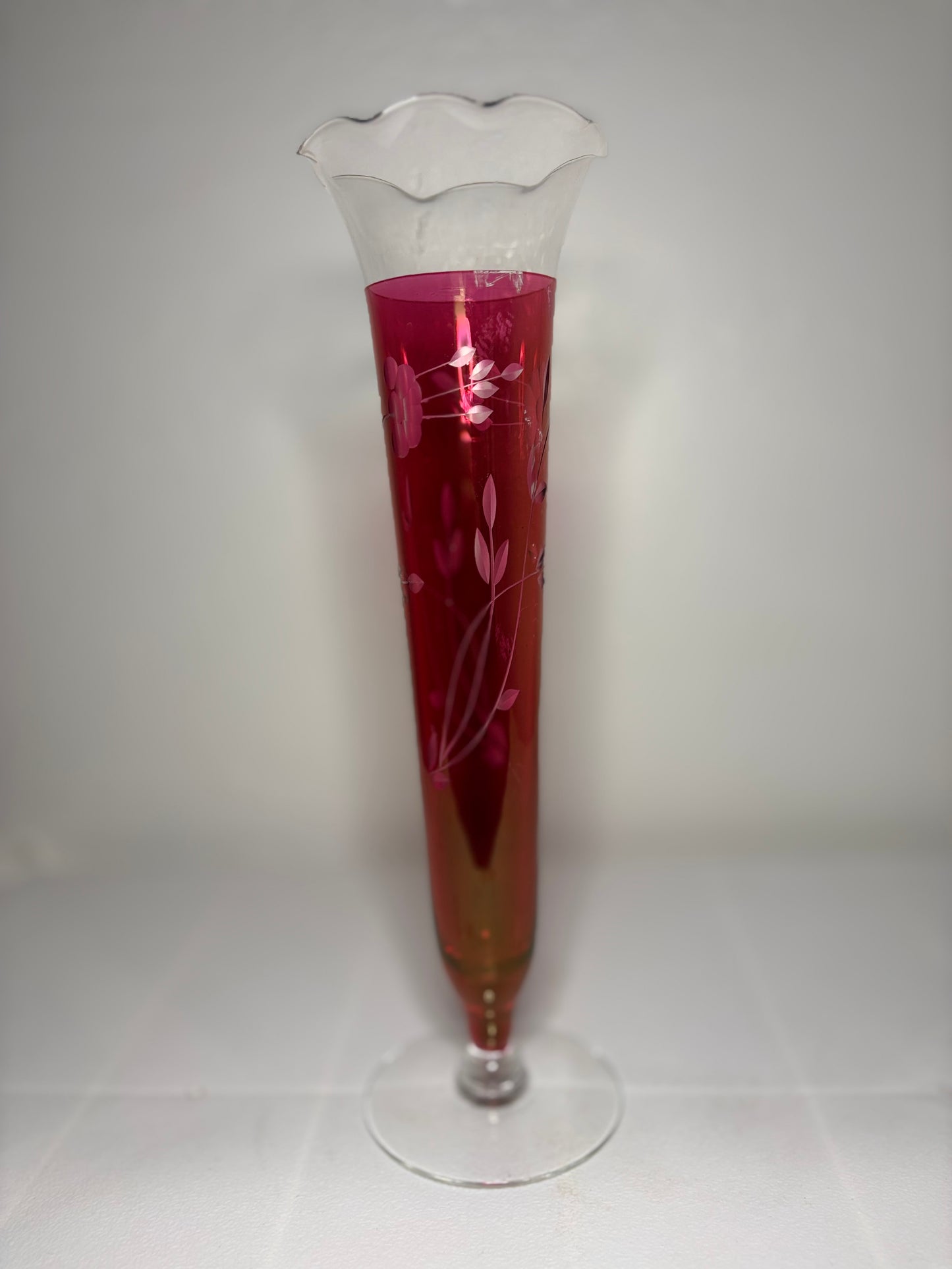 Vintage Etched Glass Bud Vase – Fluted Rim – 10" Tall