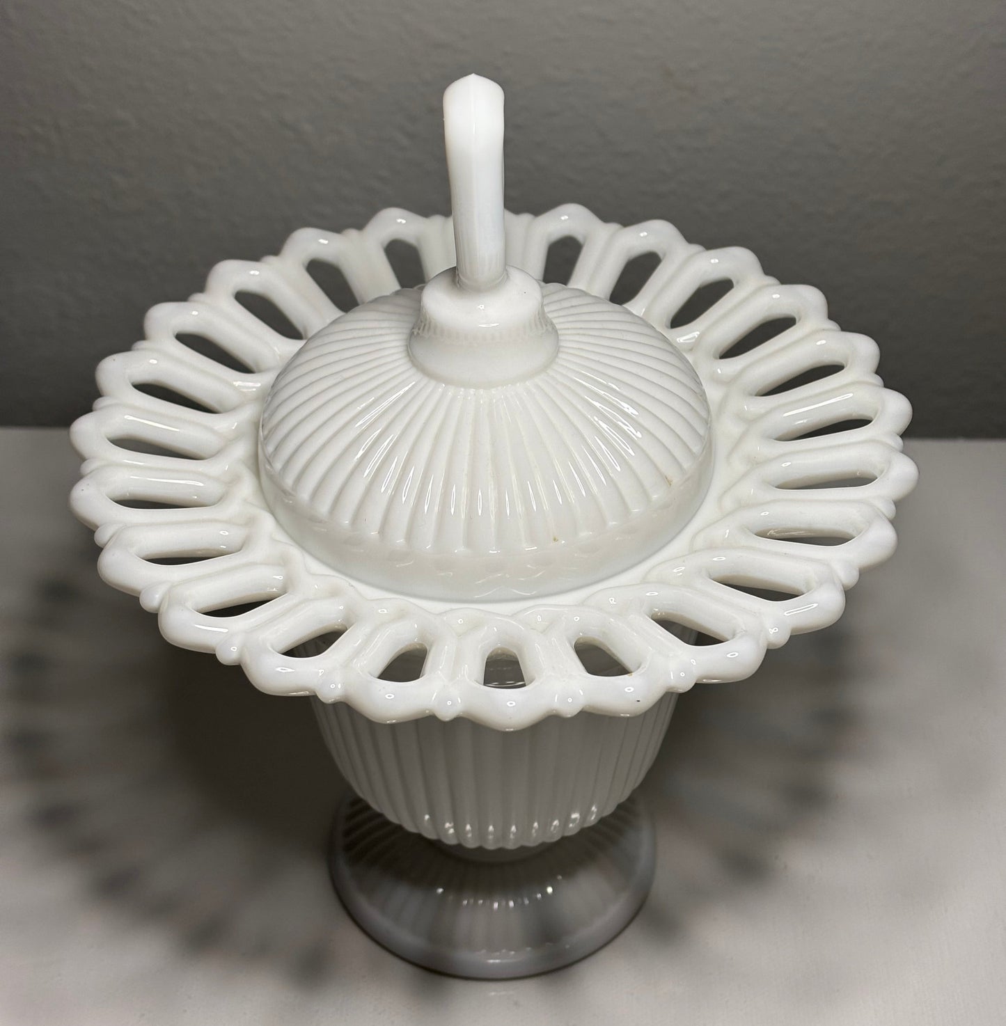 Vintage Milk Glass Lidded Compote with Open Lace Edge – 8" Tall