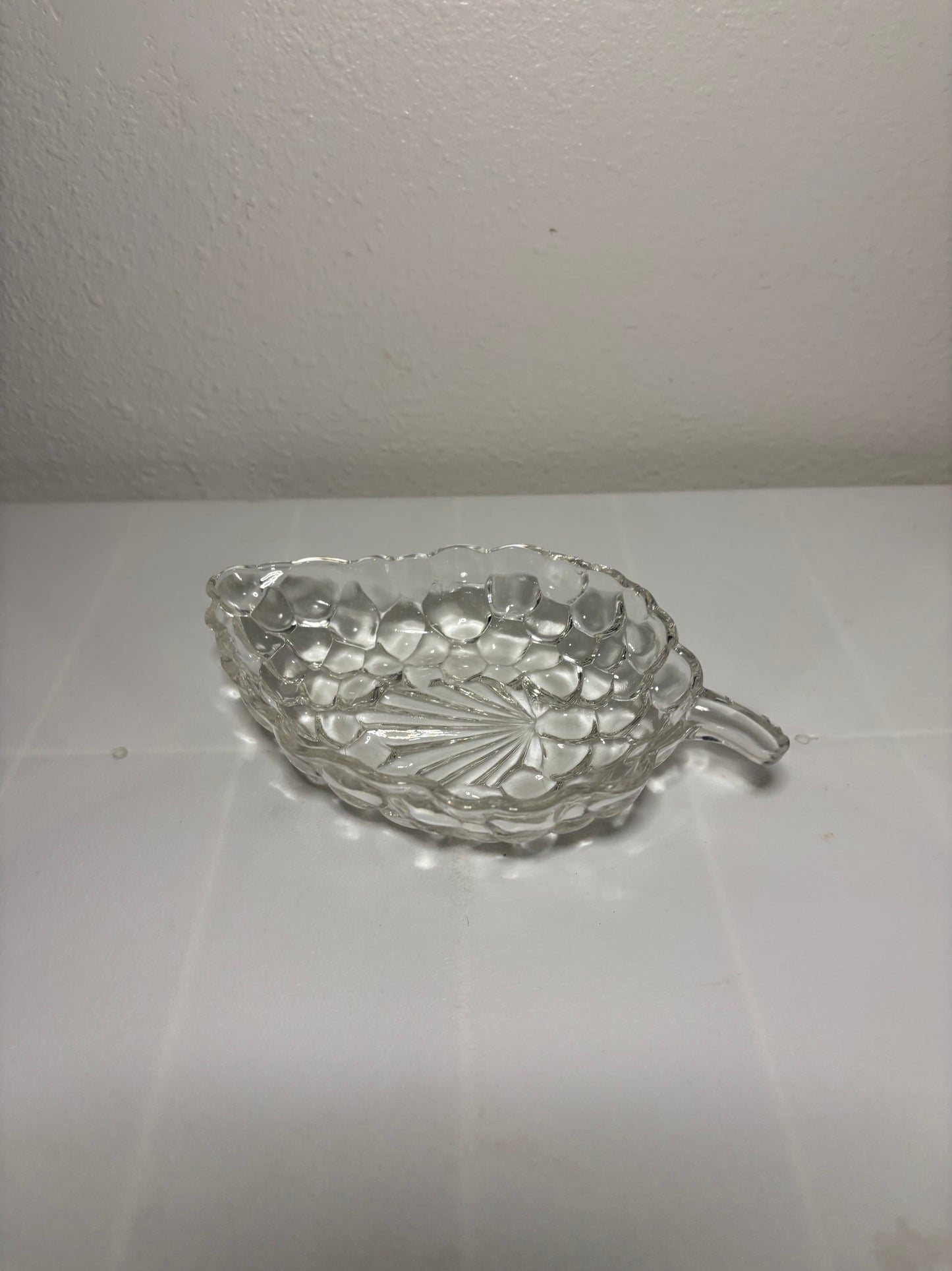 Vintage Pressed Glass Leaf Dish with Handle – 7” Candy or Relish Bowl