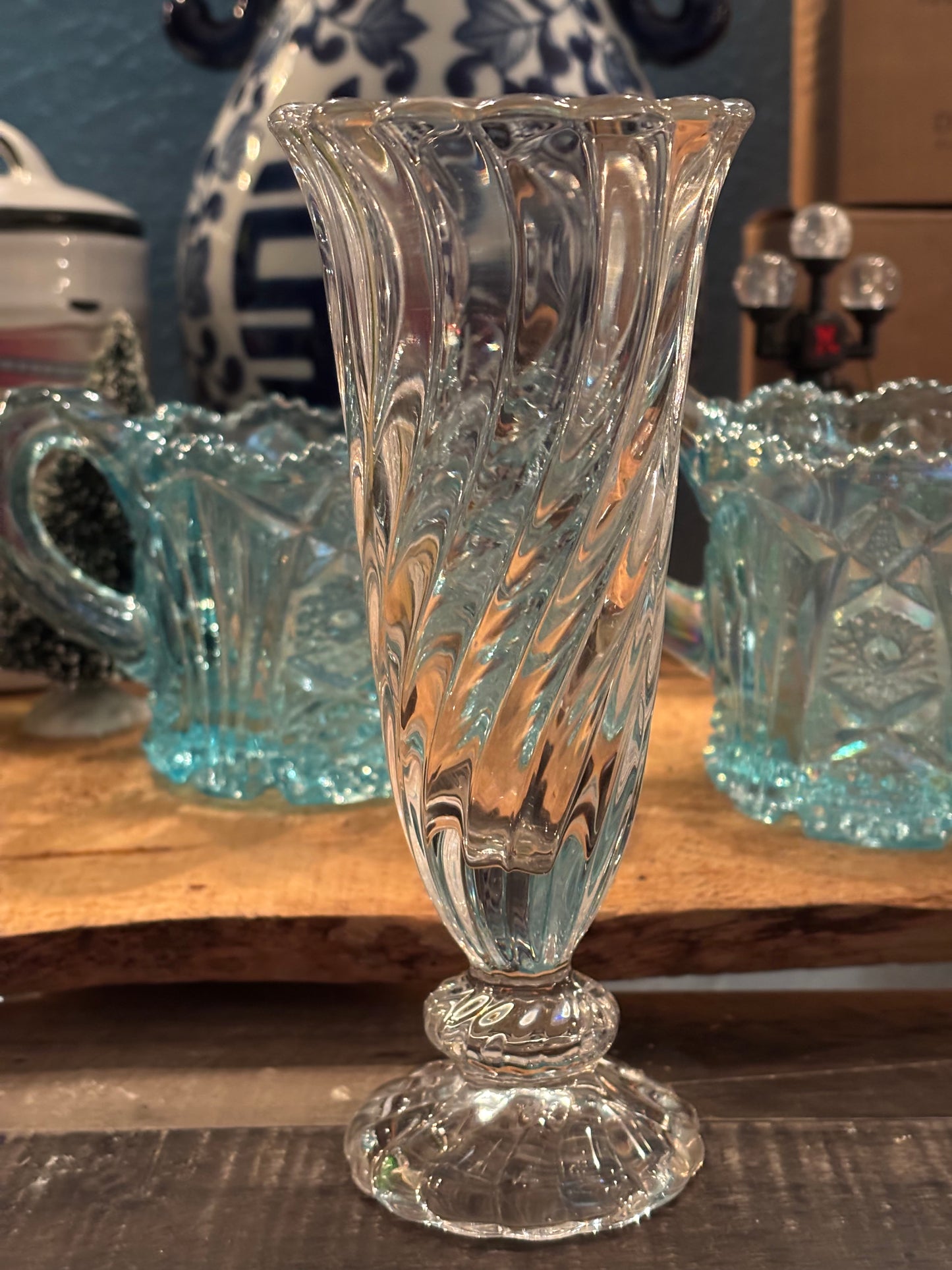 Vintage Swirl Pressed Glass Bud Vase – 6.5" Tall, Pedestal Base