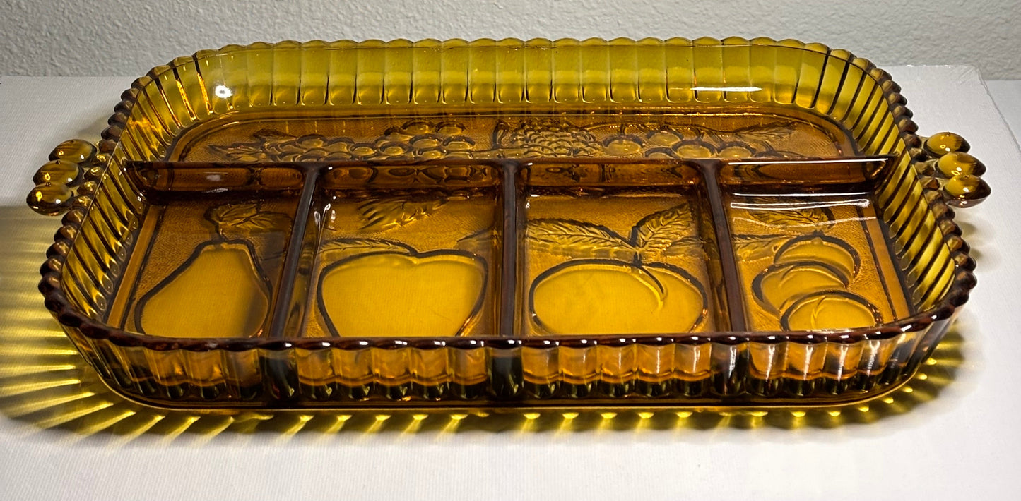 Vintage Amber Divided Glass Relish Tray – 12.5" Fruit Motif Serving Dish