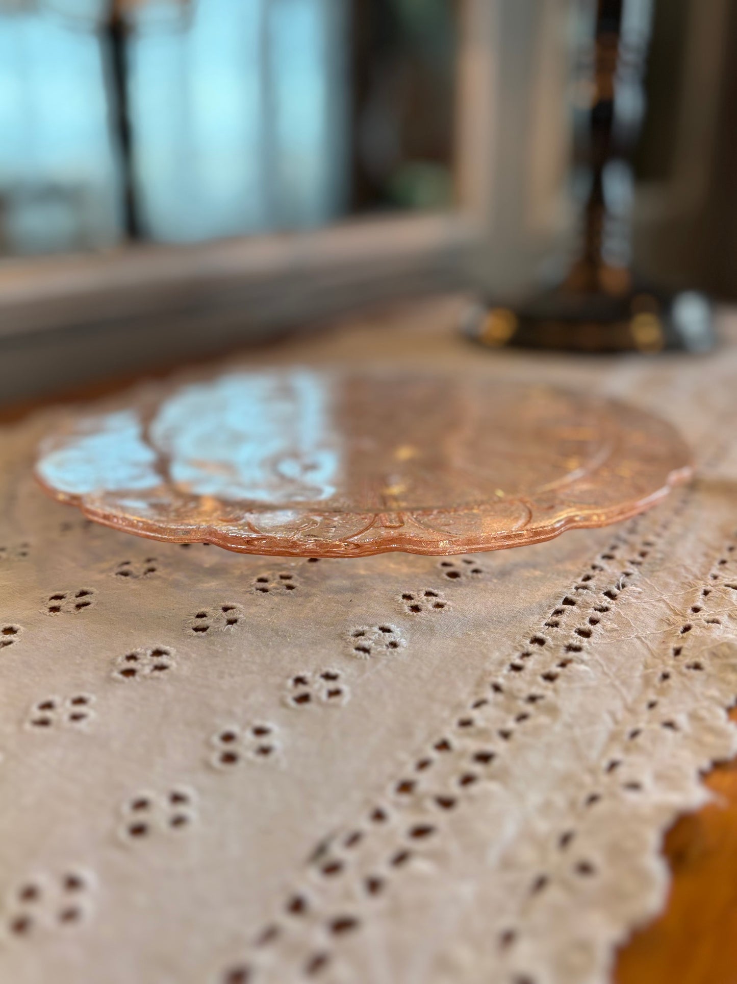 Vintage Pink Depression Glass Footed Cake Plate 10.5" Embossed Floral Design *