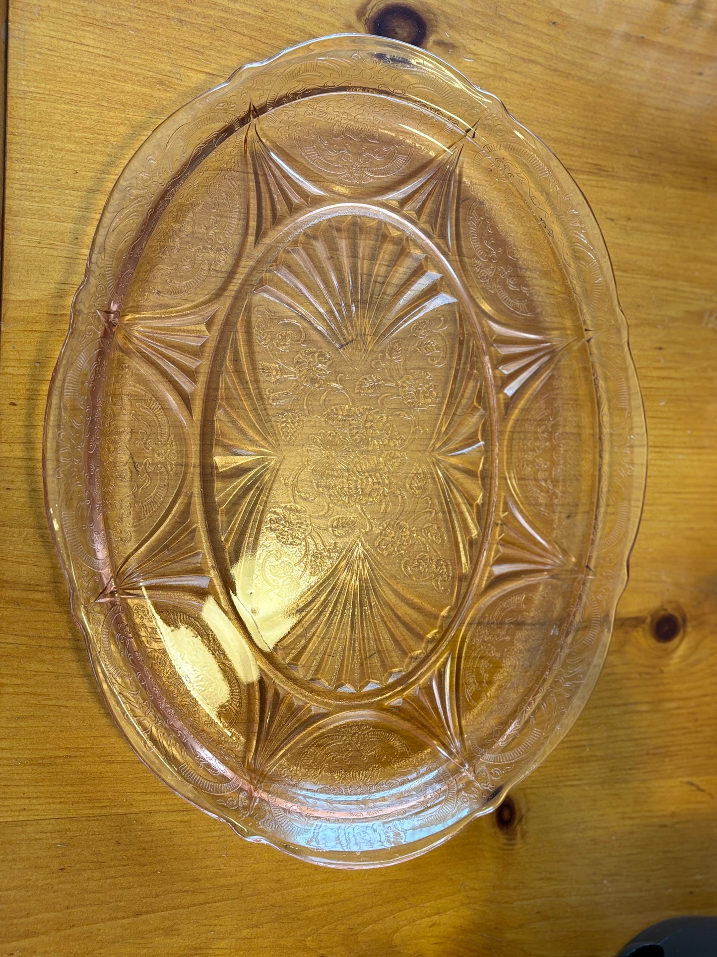 Vintage Pink Depression Glass Etched Floral Serving Tray – Art Deco Sunburst Design *