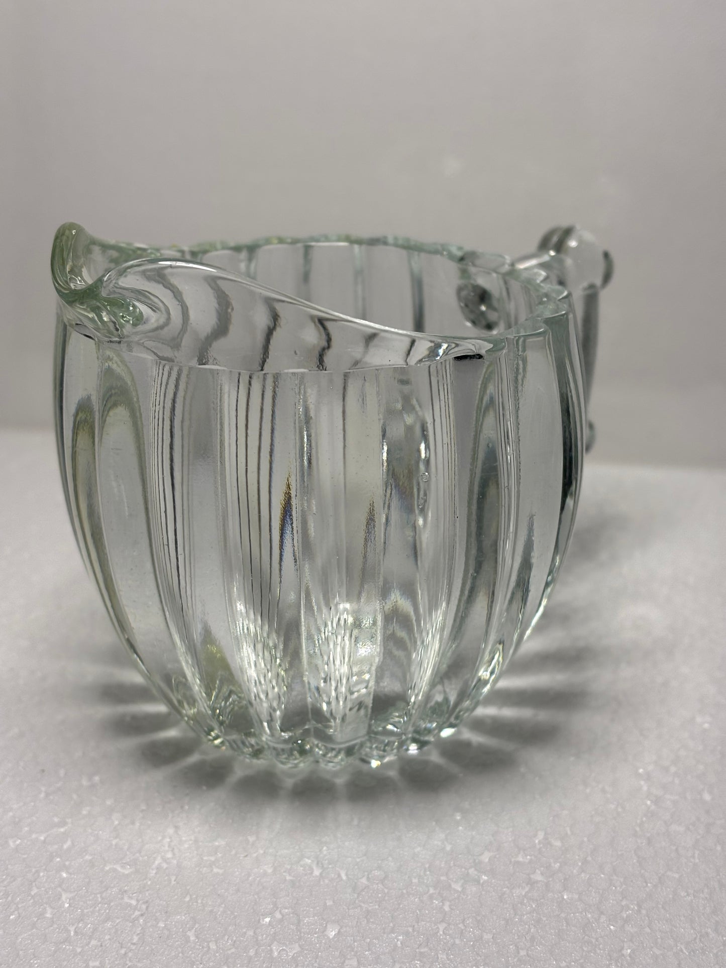 Vintage Ribbed Glass Creamer with Art Deco Handle – 4.5" x 3.5"