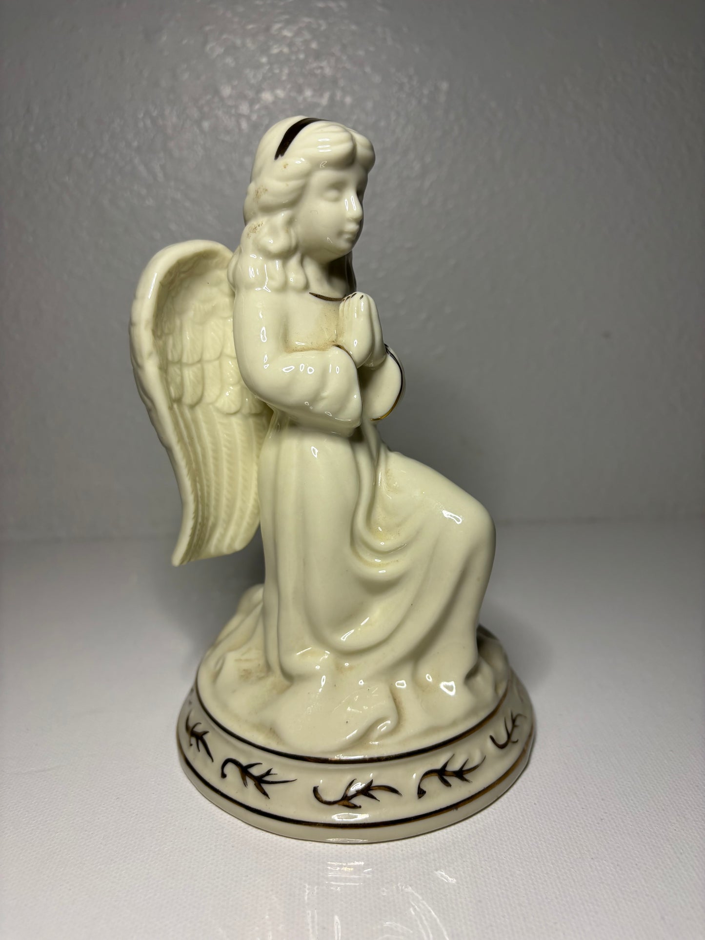 Vintage Porcelain Kneeling Angel Figurine – Ivory with Hand-Painted Accents | 7” Tall