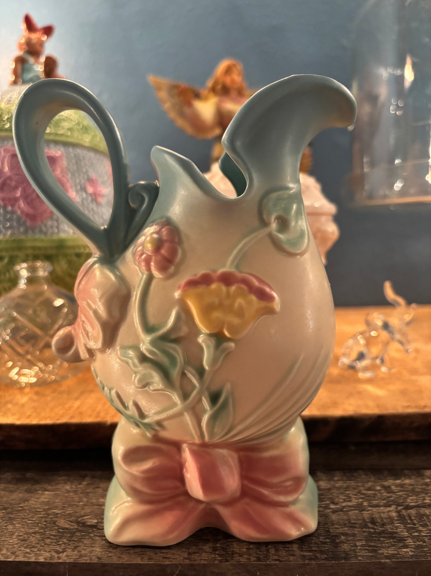 Vintage Pastel Floral Pitcher Vase – Ribbon Base & Embossed Flowers | 7” Tall