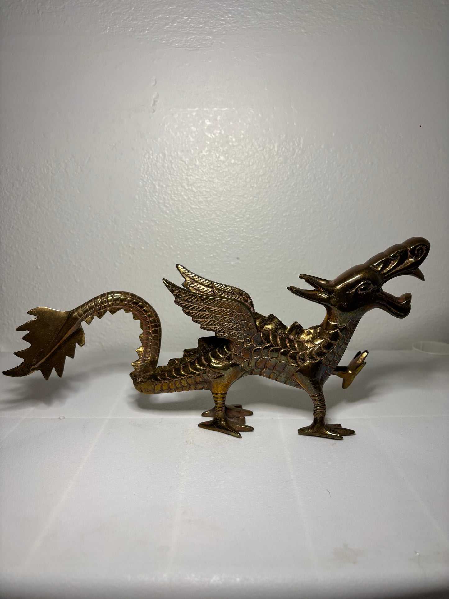 Vintage Solid Brass Winged Dragon Figurine – 12” Long – Mythical Decor