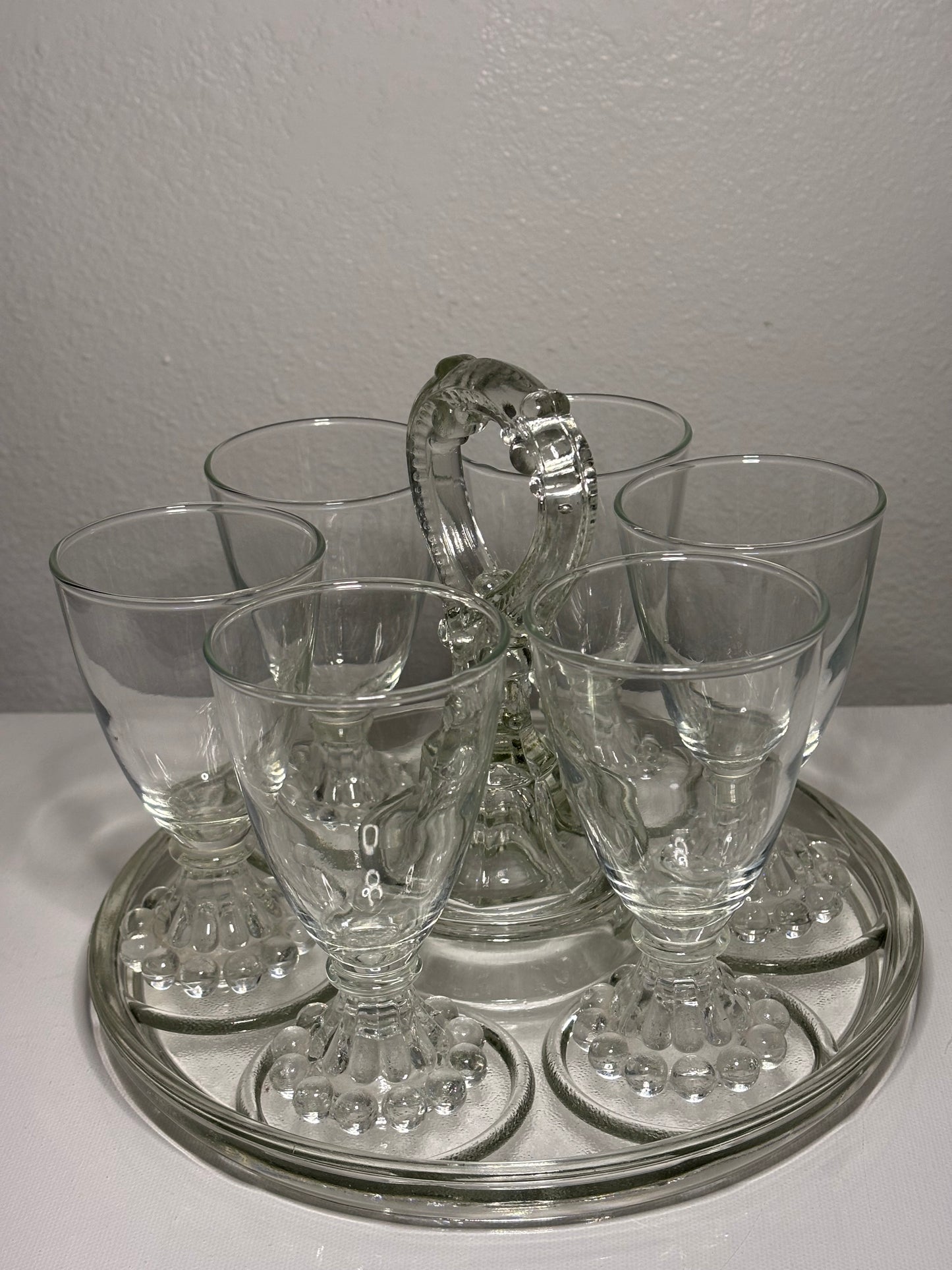 Vintage Clear Glass Cordial Set with Carrier – 6 Glasses and Tray