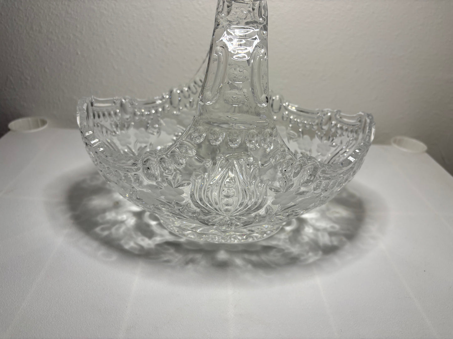 Vintage Pressed Glass Basket – Ornate Clear Glass Bowl with Handle – 9”