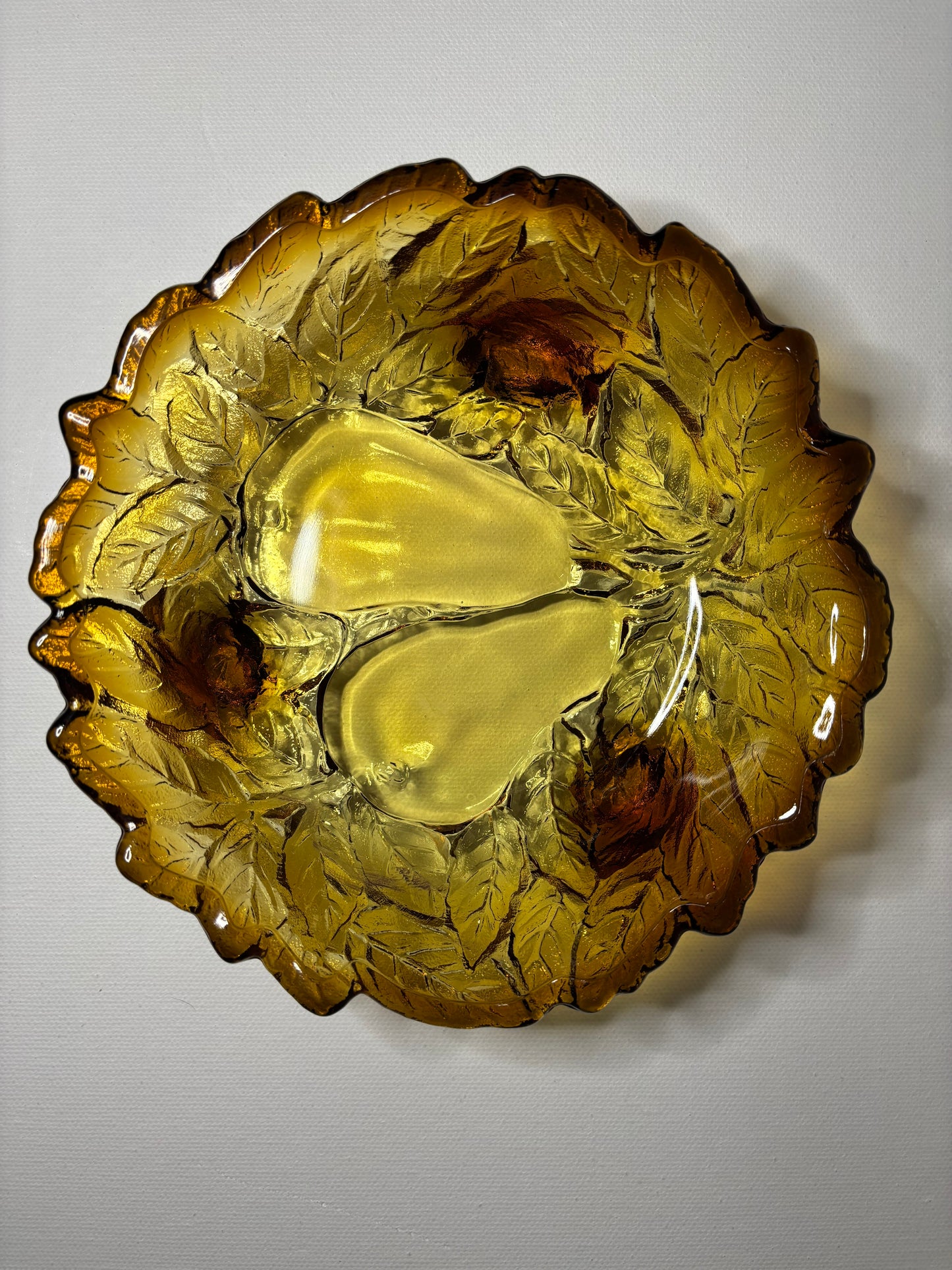 Vintage Amber Glass Leaf Dish with Pear Motif – 6.5”