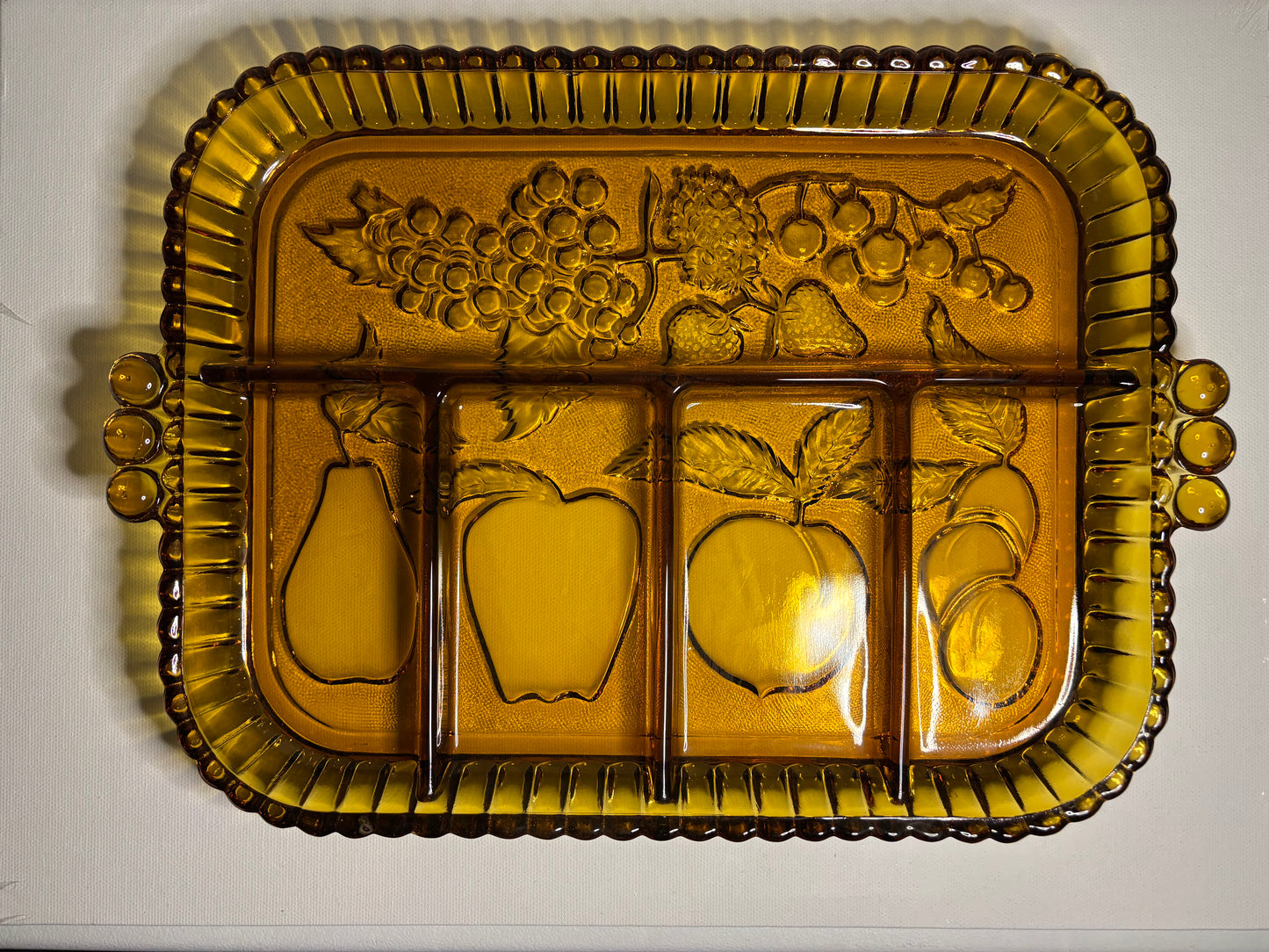 Vintage Amber Divided Glass Relish Tray – 12.5" Fruit Motif Serving Dish