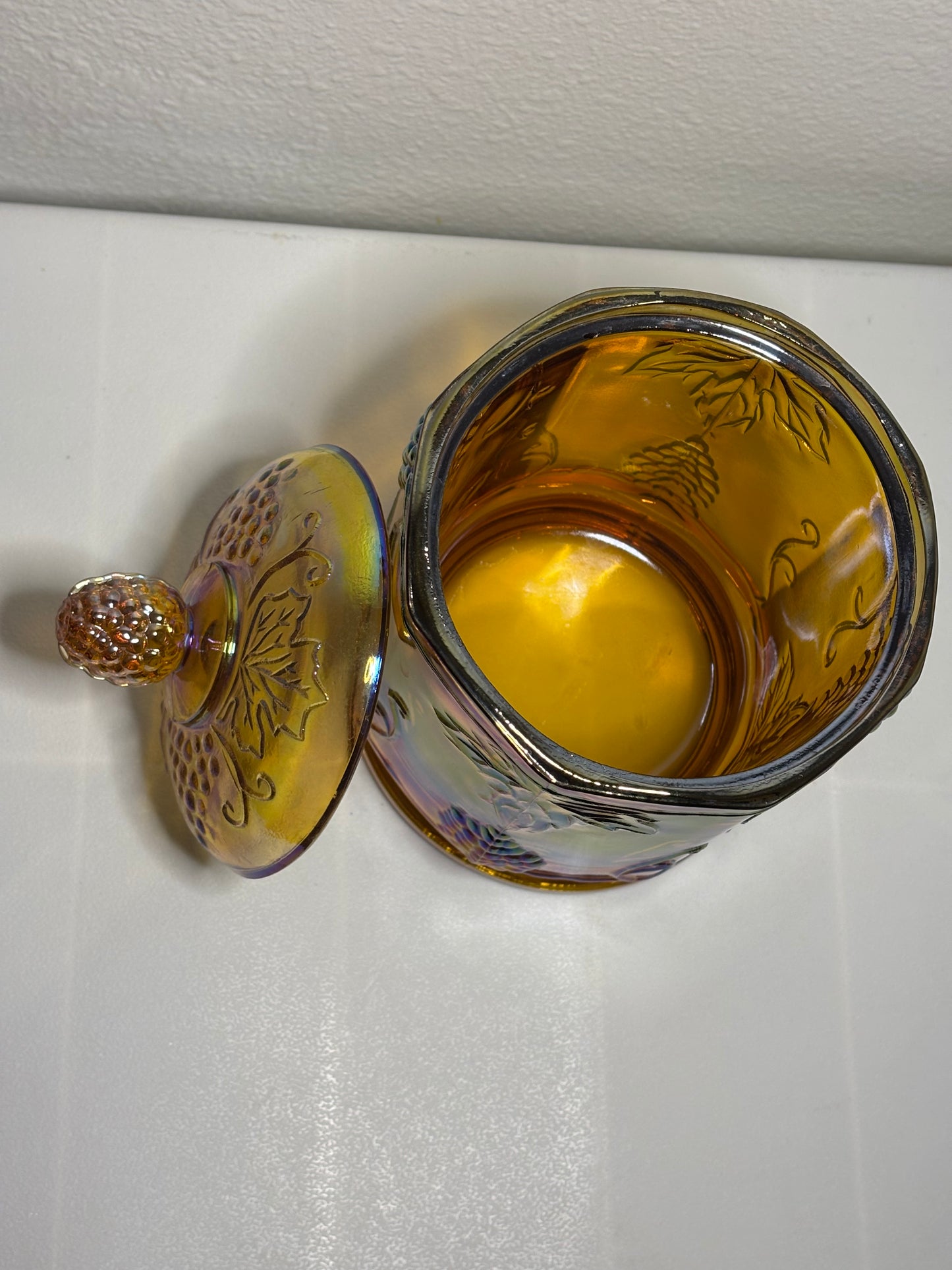 Vintage Iridescent Carnival Glass Canister Jar – Harvest Grape – 8" Tall