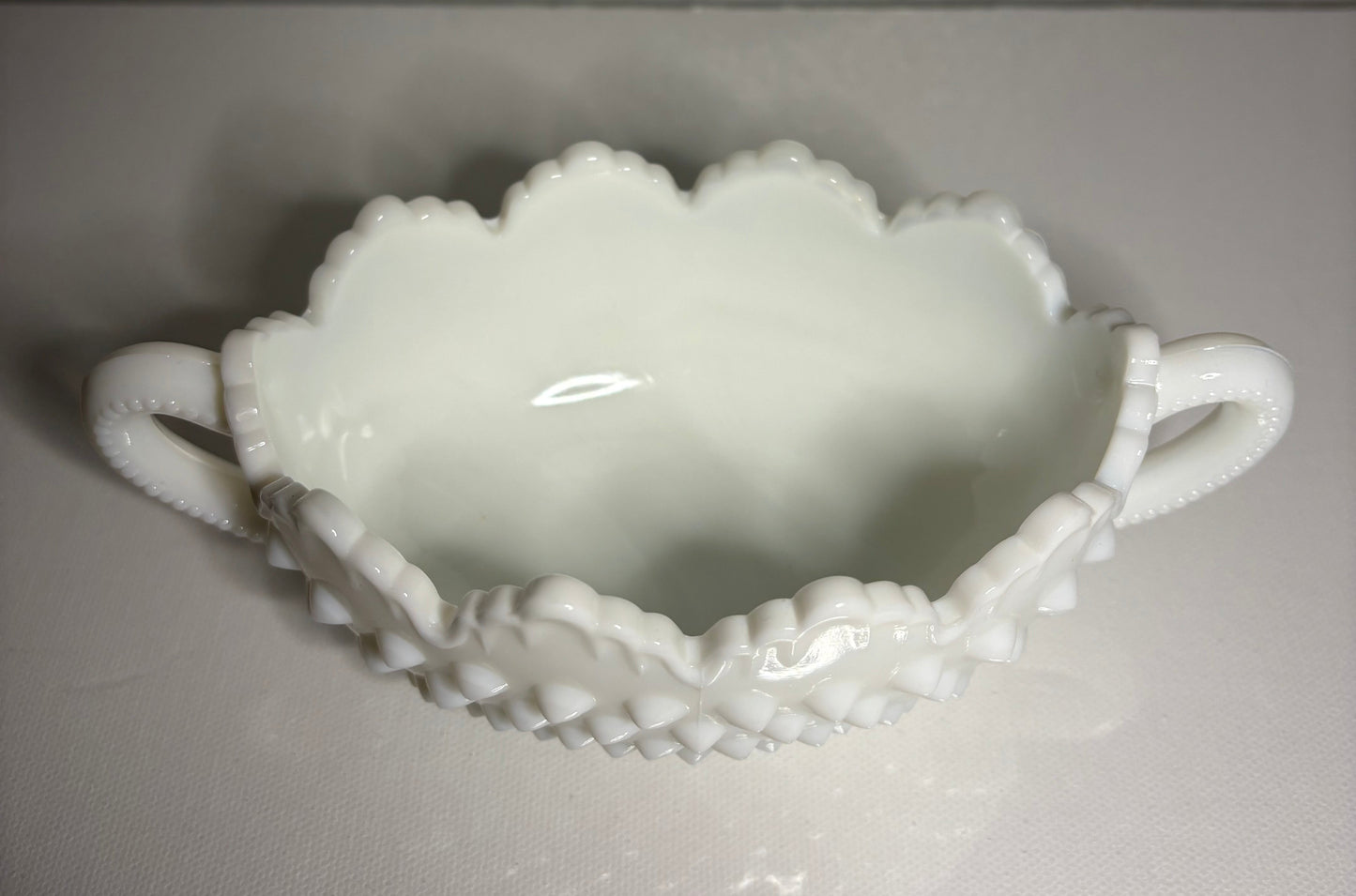 Vintage Milk Glass Candy Dish with Double Handles – Hobnail Diamond Pattern