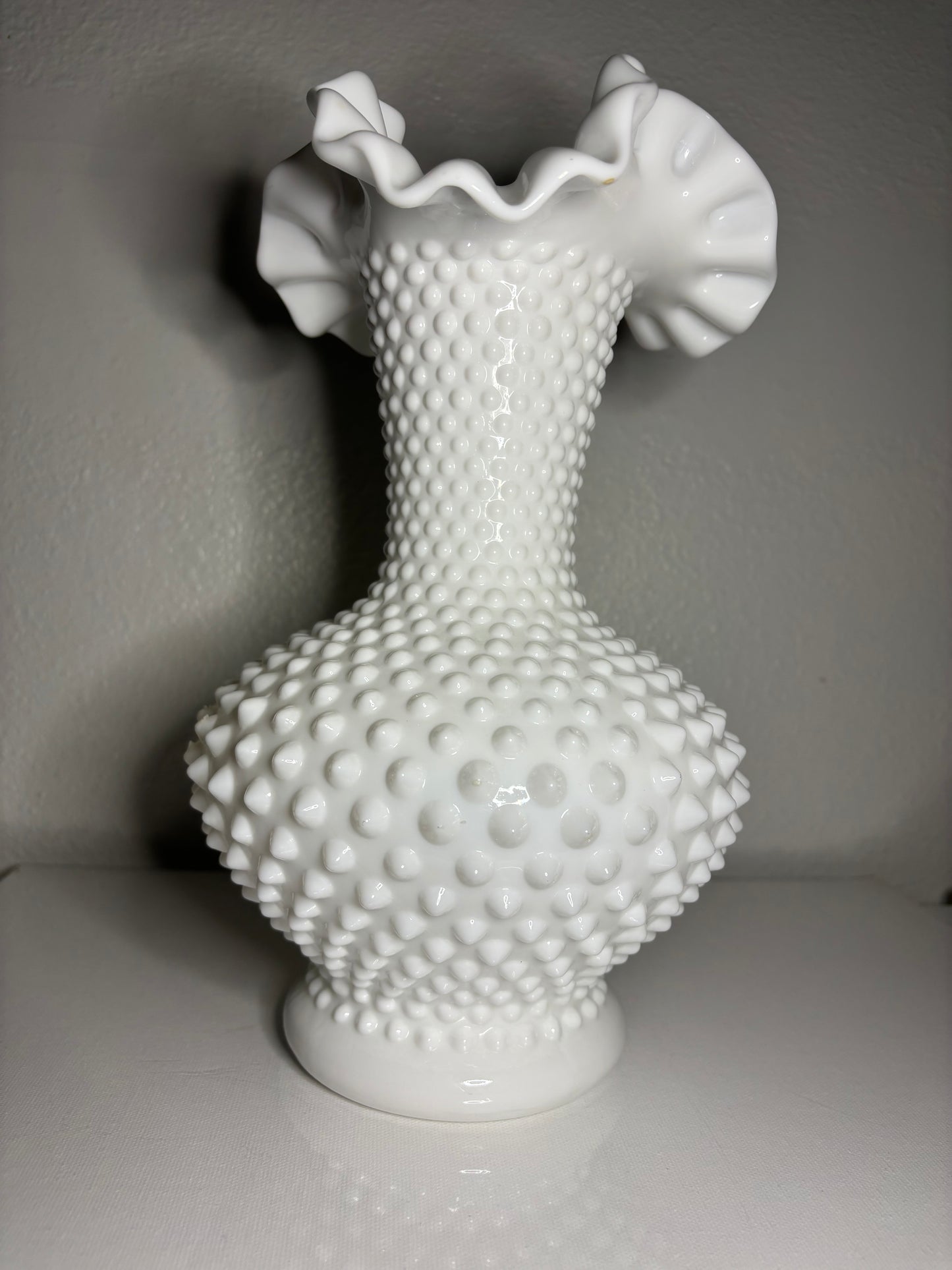 Vintage White Hobnail Milk Glass Vase – 11" Ruffled Edge