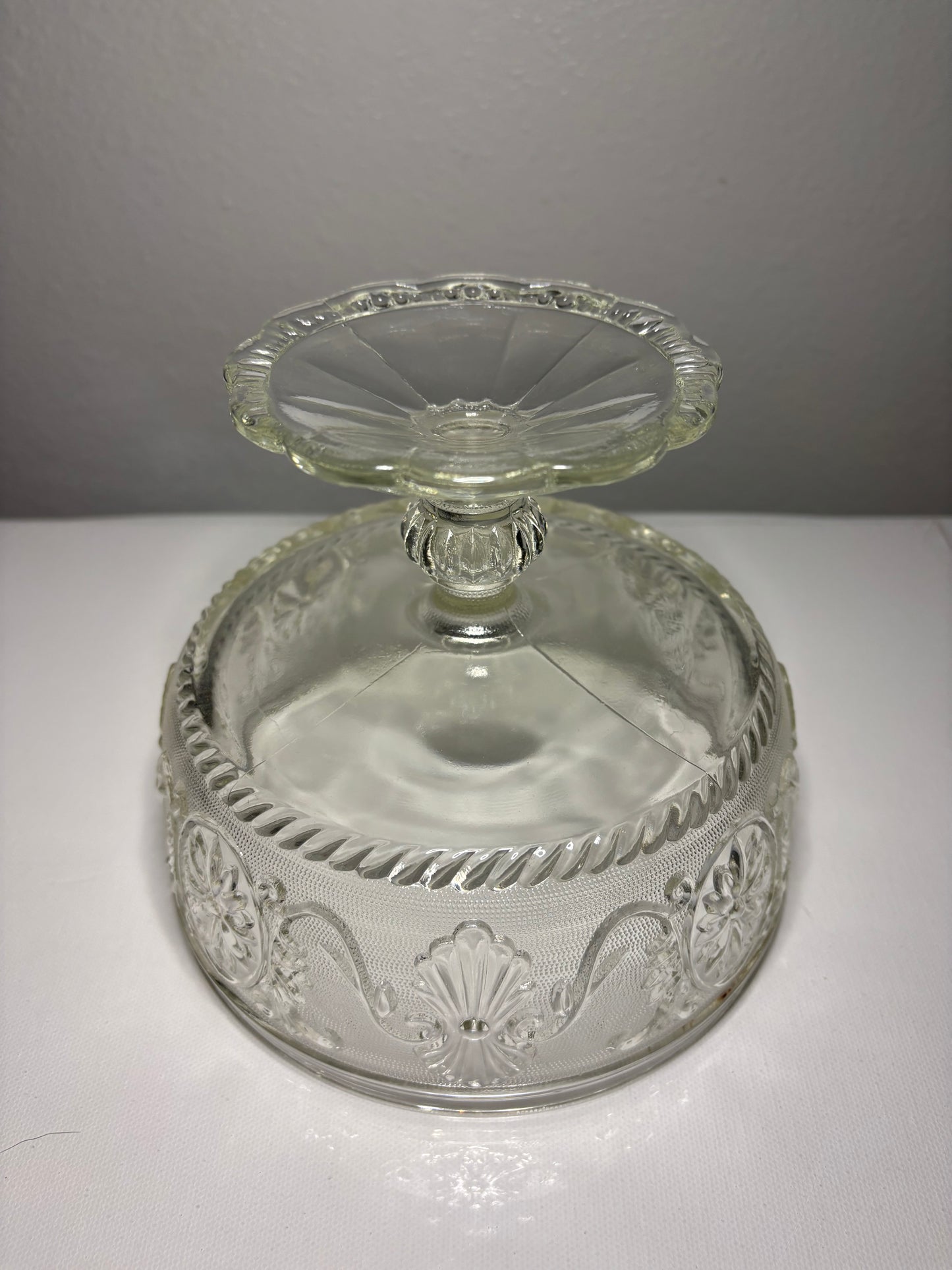 Vintage Pressed Glass Compote Pedestal Bowl – 6.5” Floral & Scroll Design