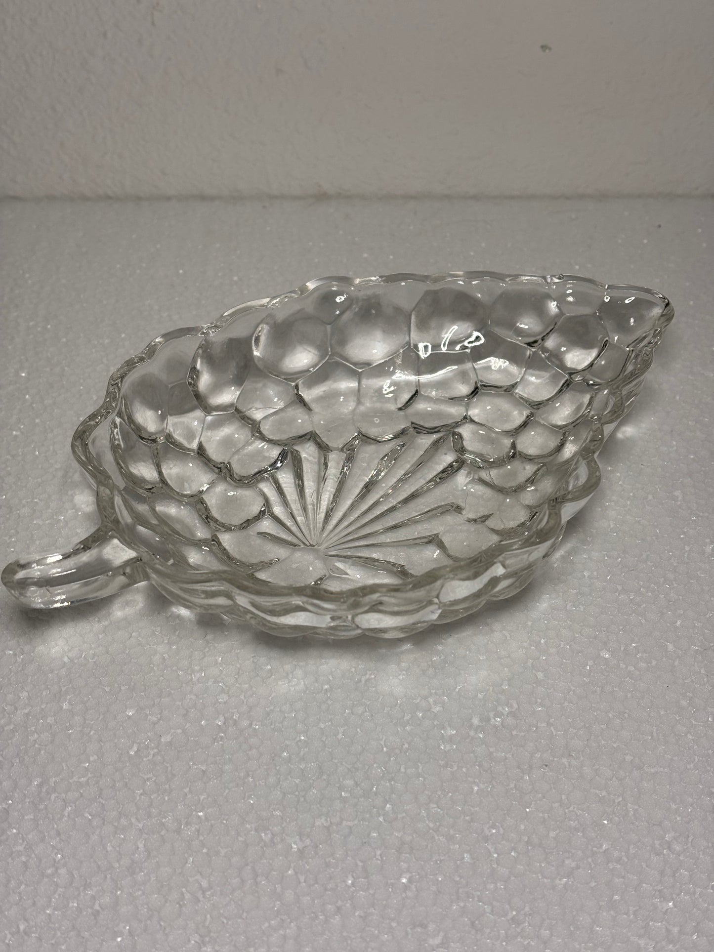 Vintage Pressed Glass Leaf Dish with Handle – 7” Candy or Relish Bowl