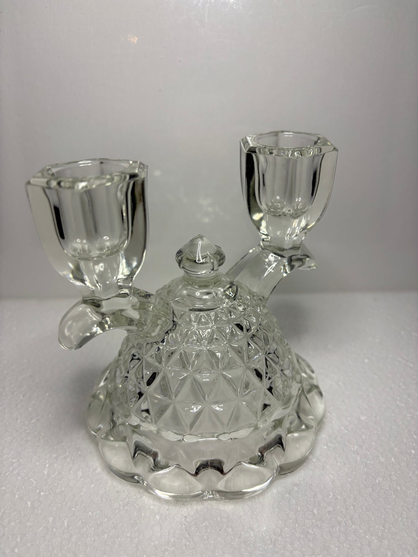 Vintage Pressed Glass Double Candle Holder – Diamond Dome Base, 4.5"