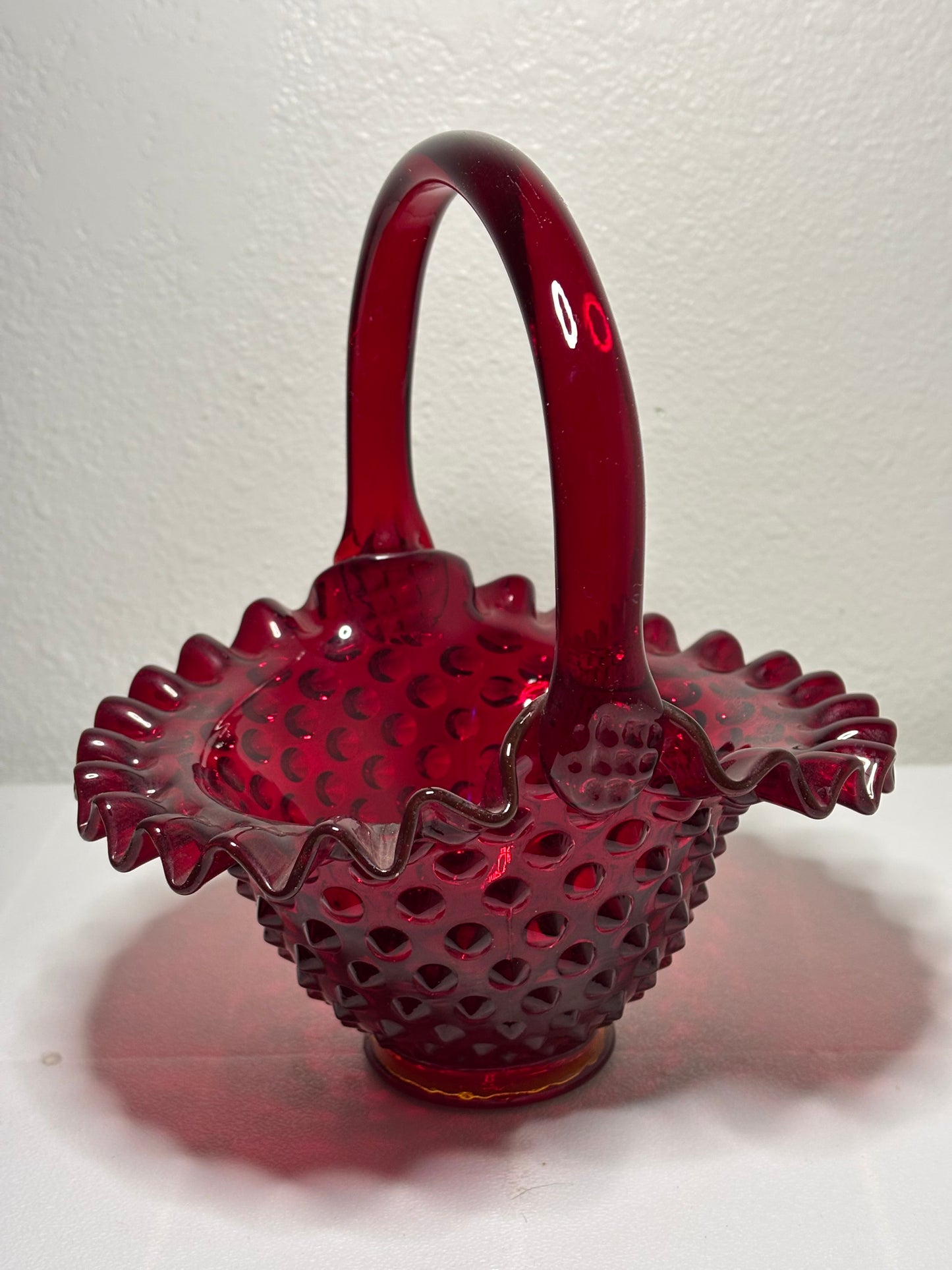 Vintage Ruby Red Hobnail Glass Basket – Ruffled Edge – Fenton Style