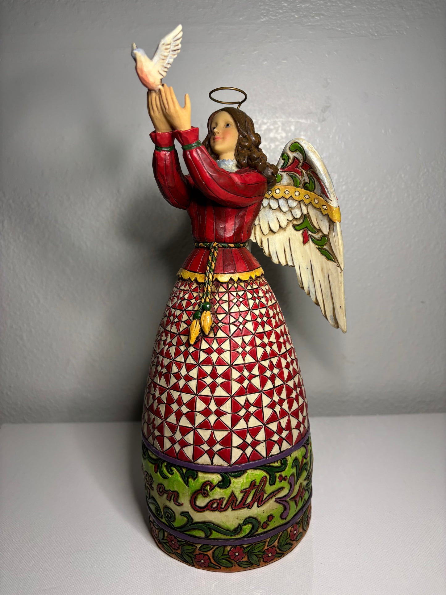 ✨ Peace on Earth Angel Figurine – Quilted Red Holiday Dress | 10” Tall