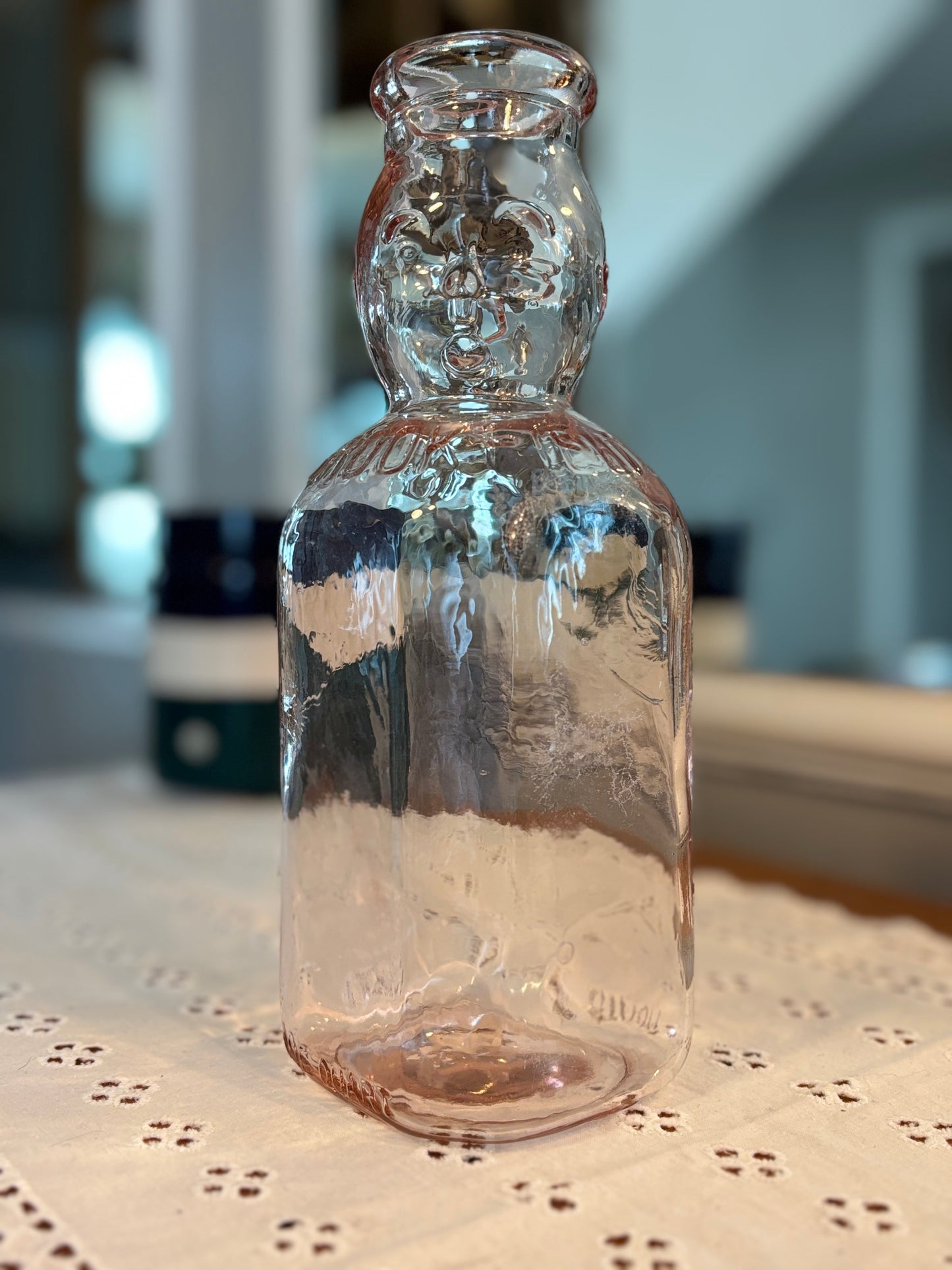 Vintage Pink Depression Glass Embossed Owl Bottle – Collectible Figural Design