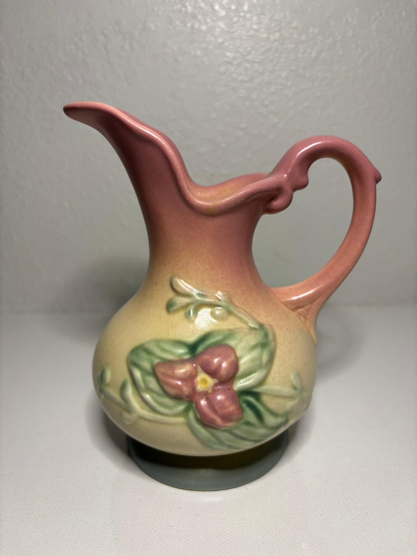 Vintage Blush & Cream Floral Pottery Pitcher – 6” Tall