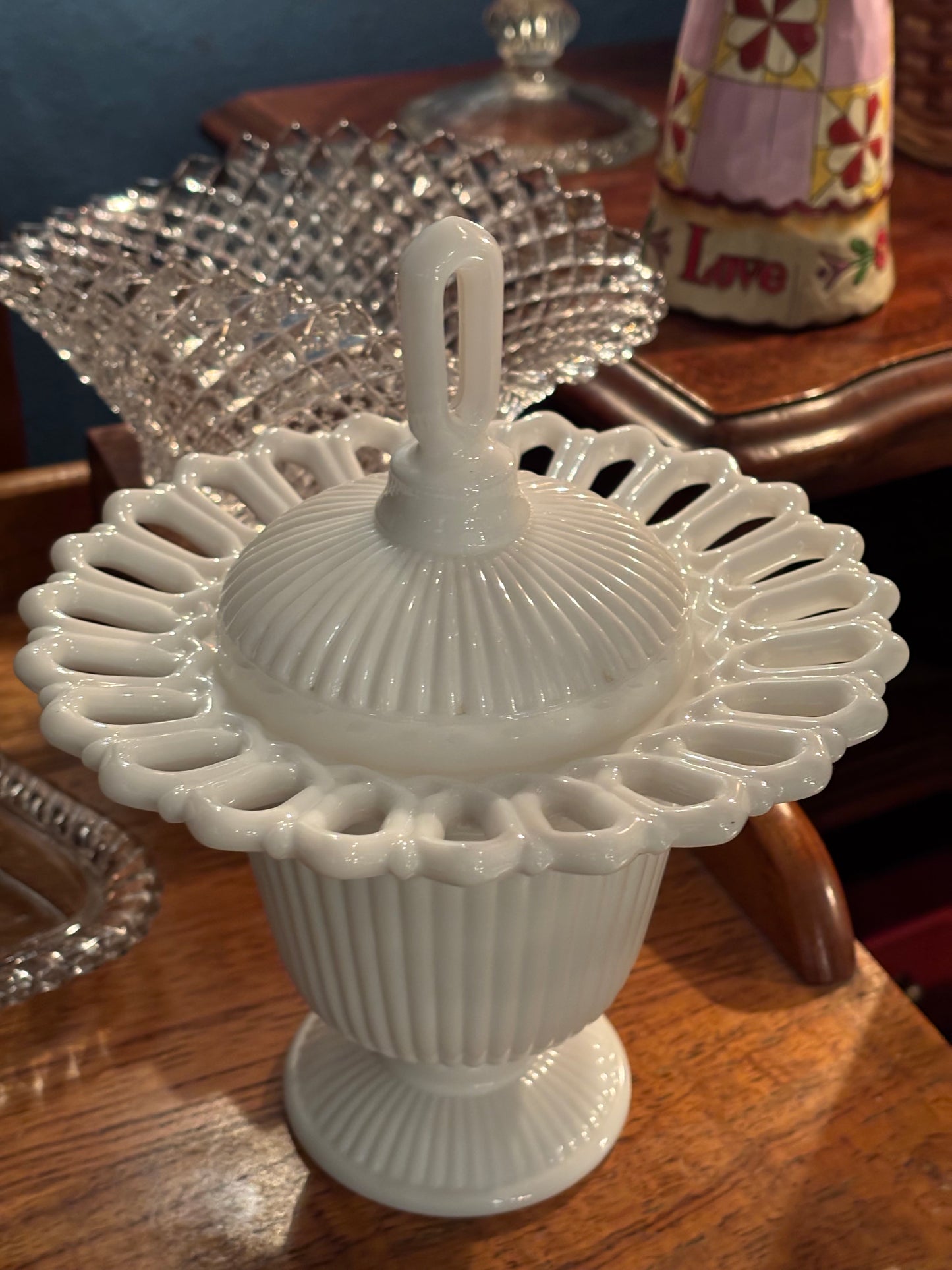 Vintage Milk Glass Lidded Compote with Open Lace Edge – 8" Tall