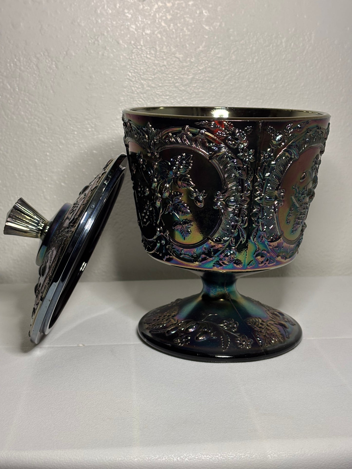 Large Iridescent Carnival Glass Lidded Compote – 9.5" Tall – Vintage Grape Motif