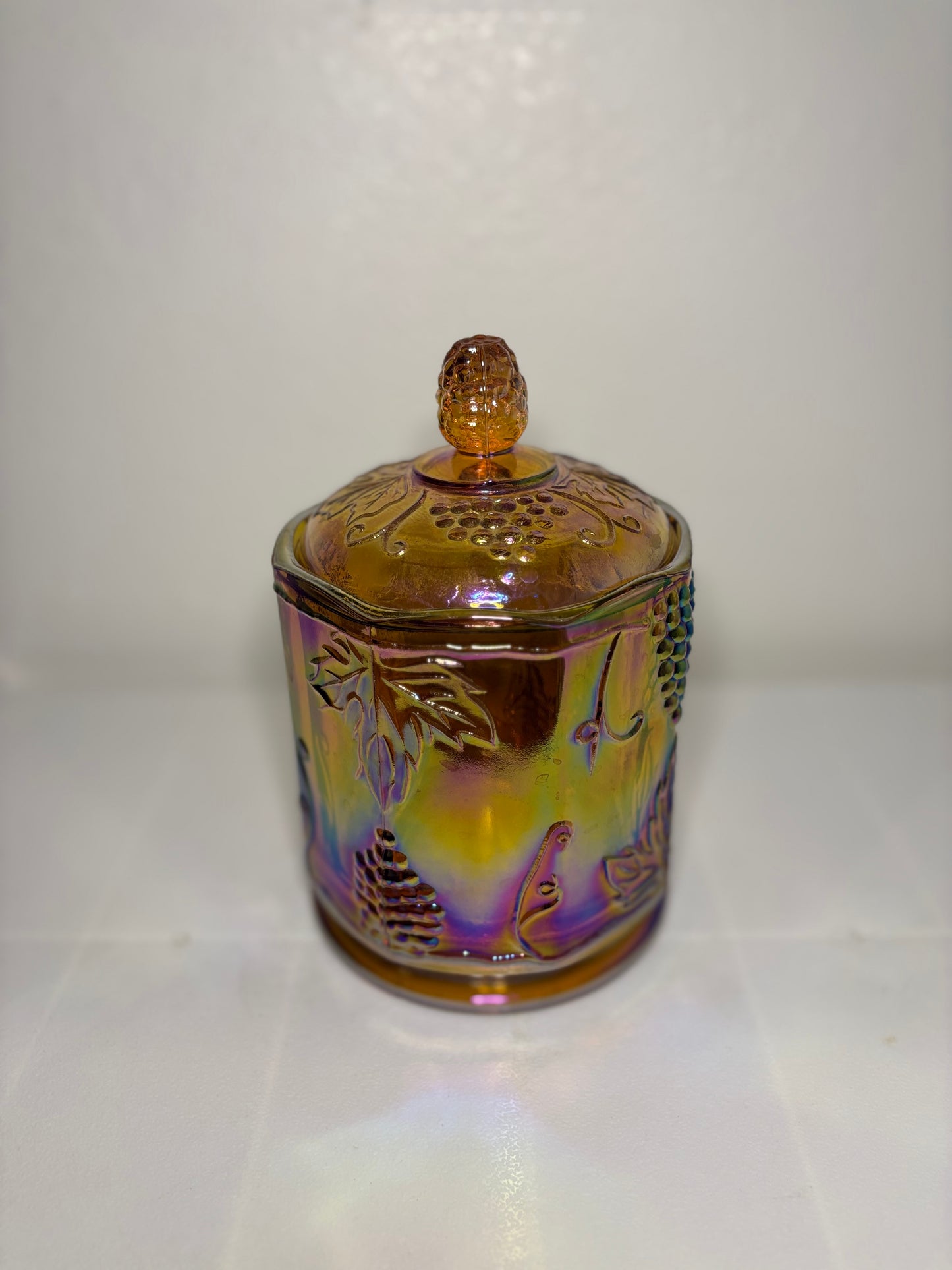 Vintage Iridescent Carnival Glass Canister Jar – Harvest Grape – 8" Tall