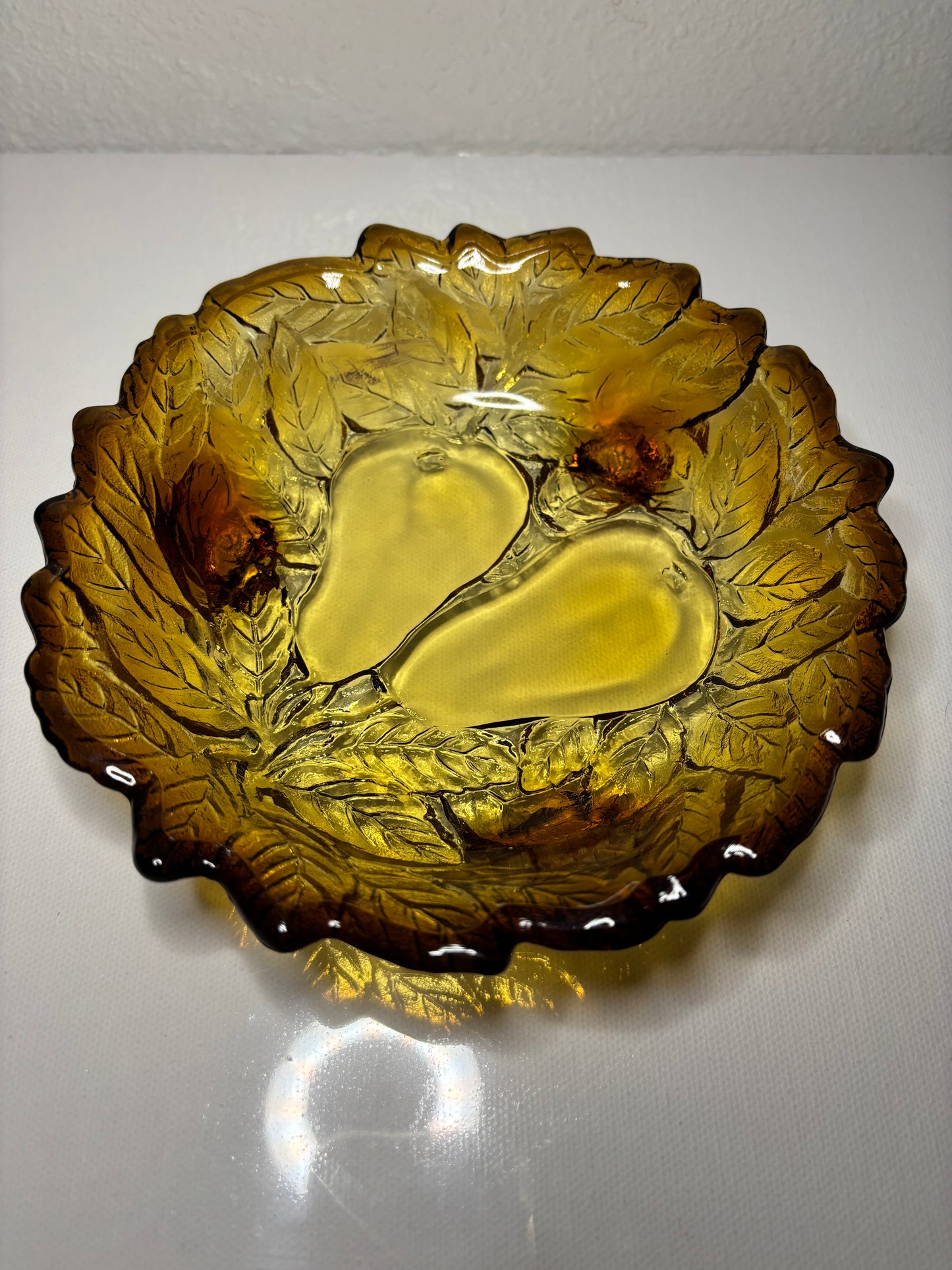 Vintage Amber Glass Leaf Dish with Pear Motif – 6.5”