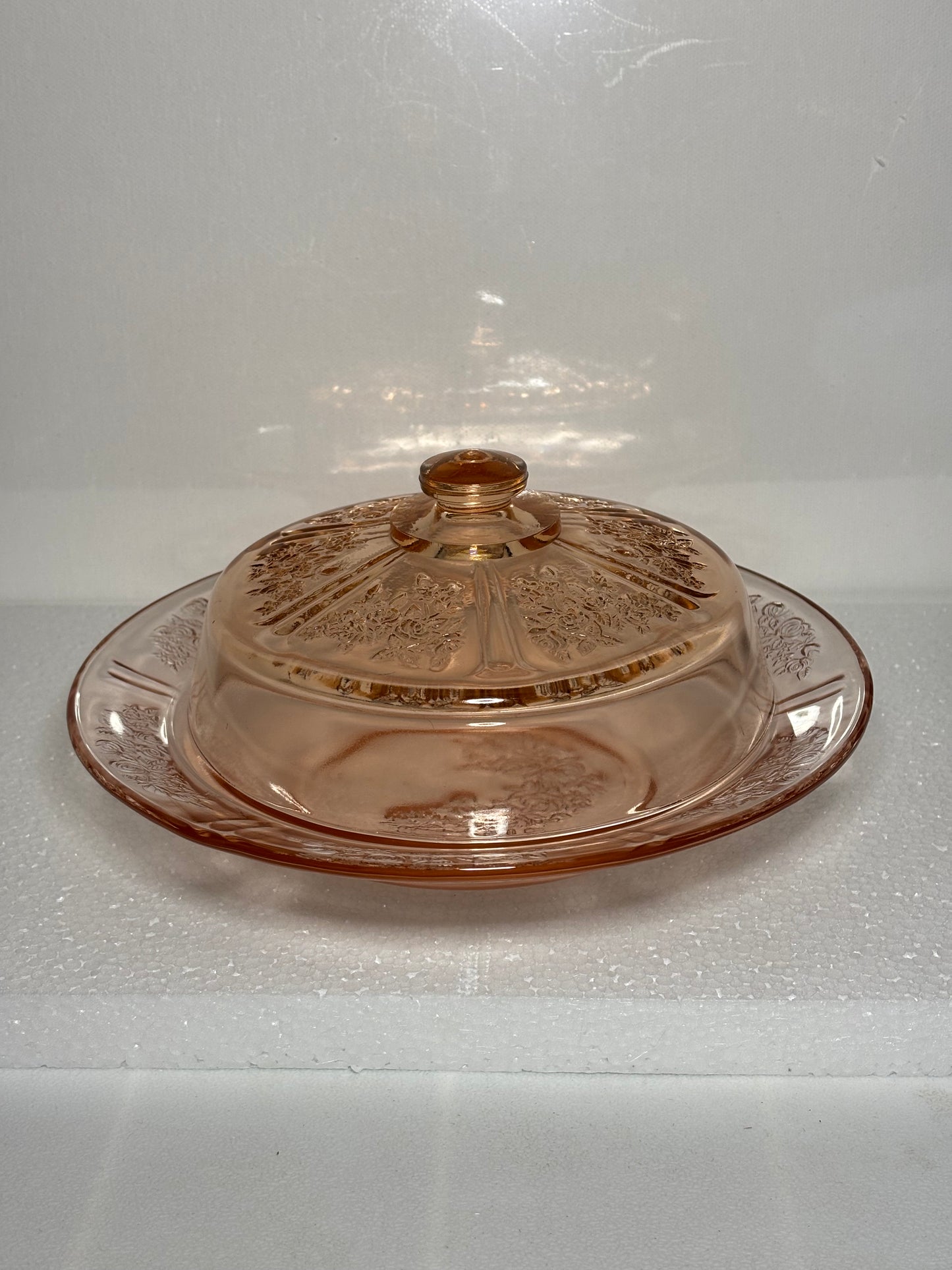 Vintage Pink Depression Glass Covered Serving Dish – Floral Etched Pattern