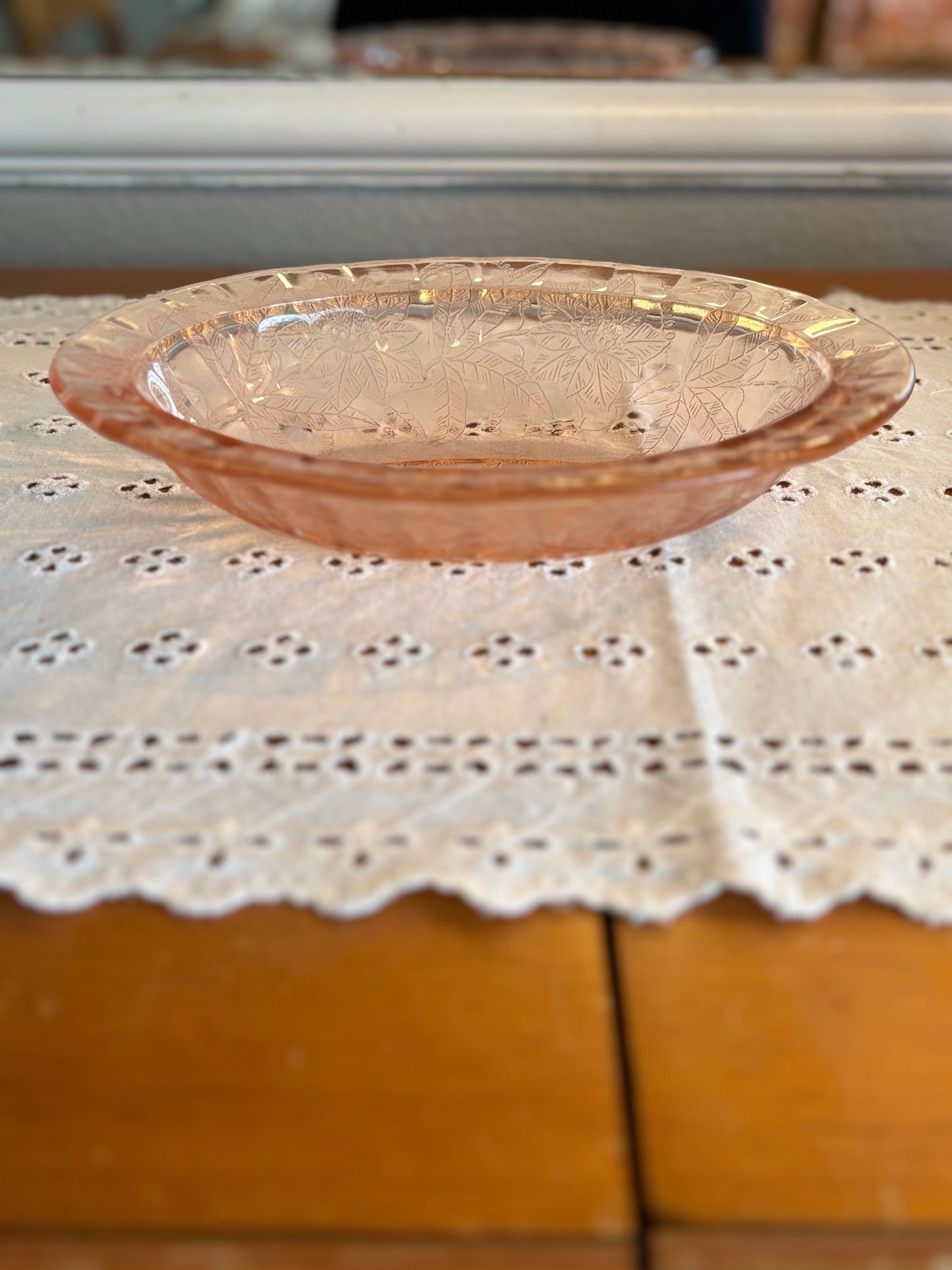 Vintage Pink Depression Glass Etched Floral Serving Bowl – Elegant Tableware *
