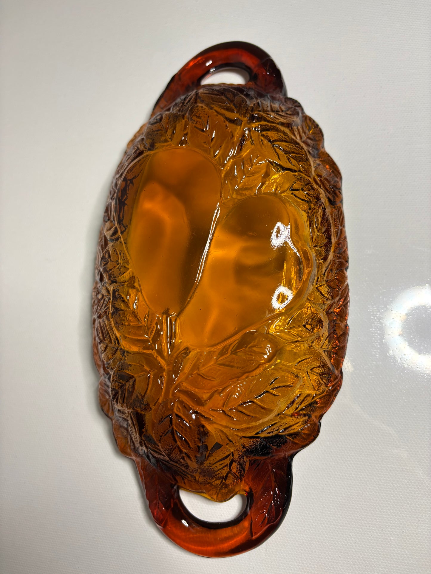 Vintage Amber Glass Leaf Dish – Twin Leaf Design with Handles | 9” Long