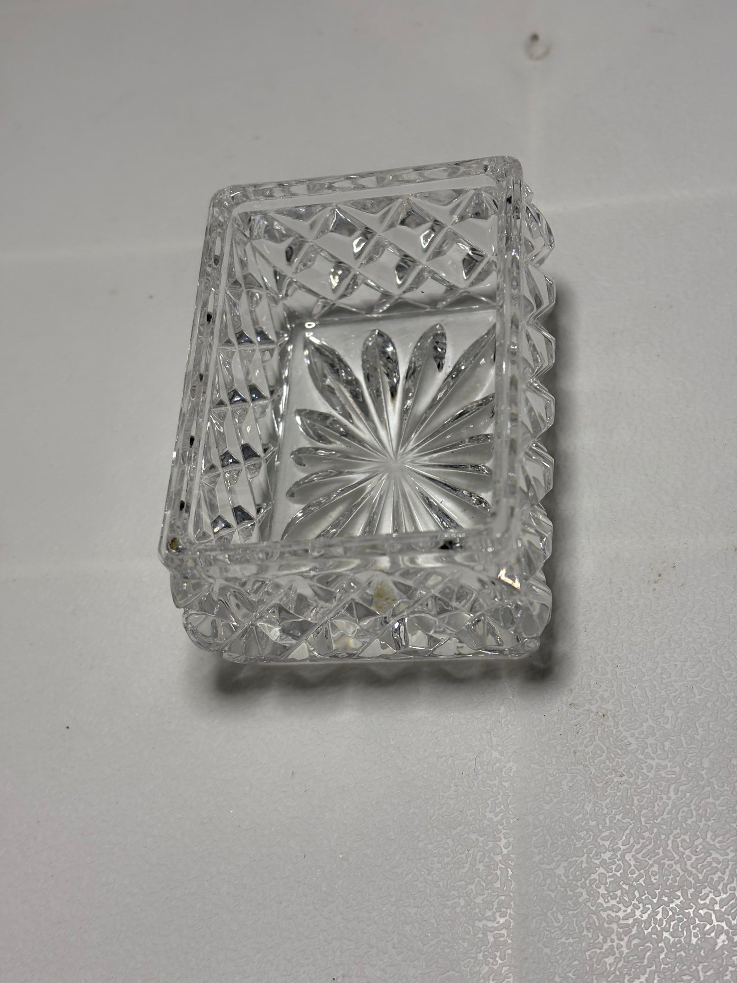 Vintage Pressed Glass Trinket Box – Starburst & Diamond Cut, Mini Rectangular