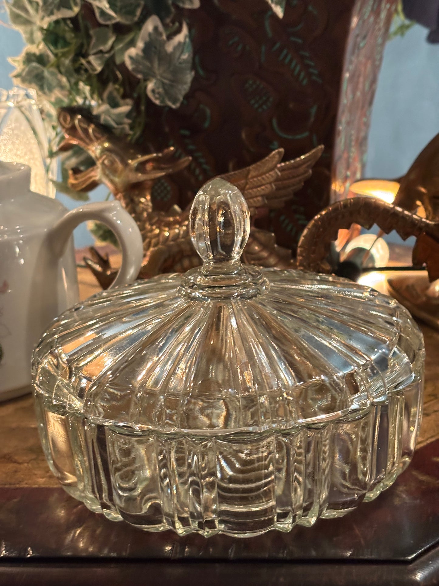 Vintage Clear Pressed Glass Lidded Candy Dish – 7"x5.5"