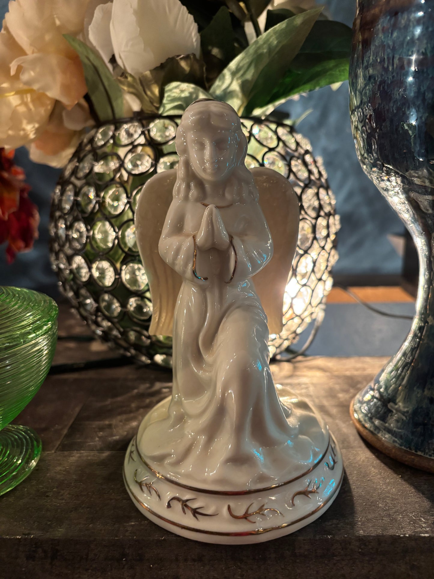 Vintage Porcelain Kneeling Angel Figurine – Ivory with Hand-Painted Accents | 7” Tall