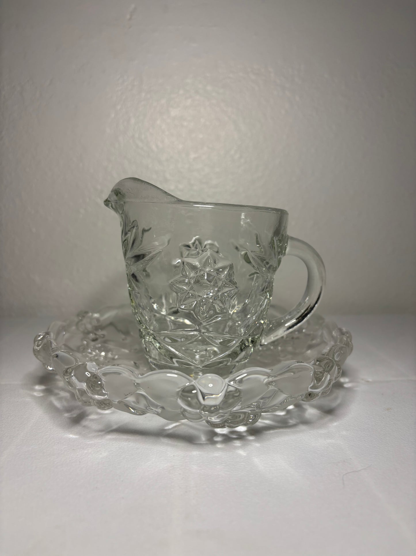 Vintage Pressed Glass Creamer & Plate Set – Floral Pattern – Small Pitcher & Tray