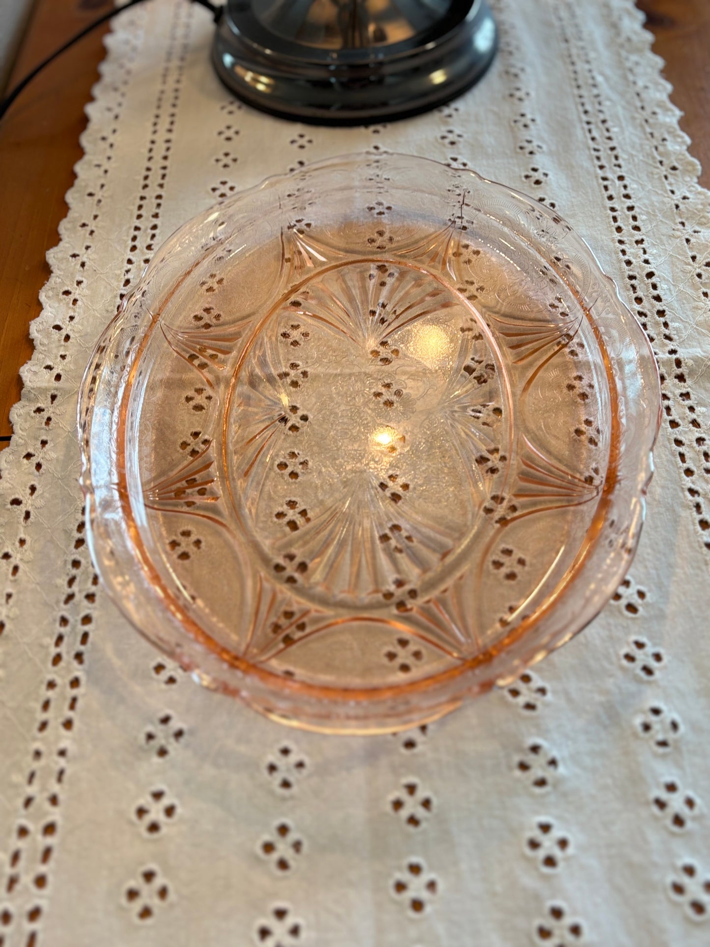 Vintage Pink Depression Glass Etched Floral Serving Tray – Art Deco Sunburst Design *