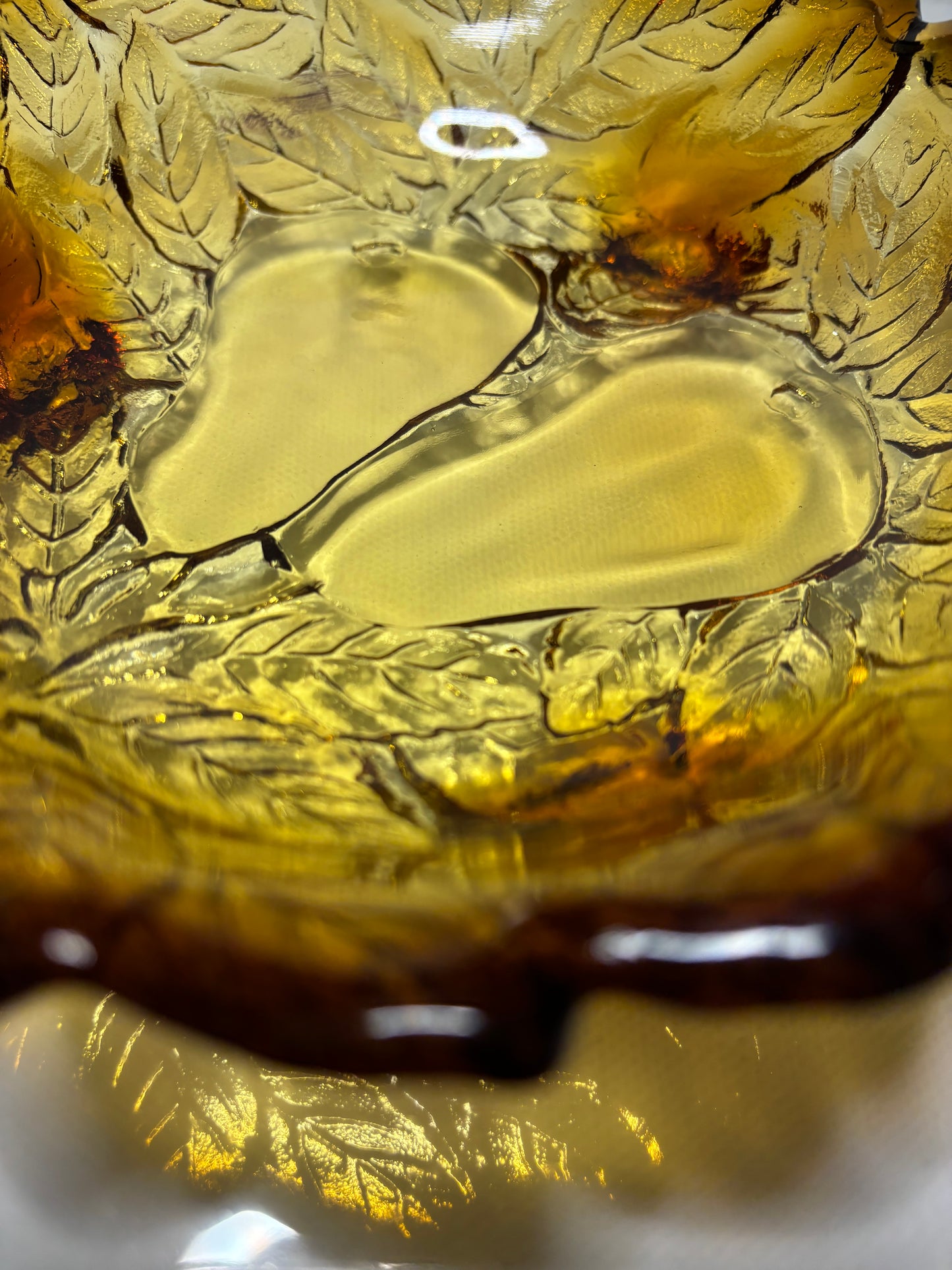 Vintage Amber Glass Leaf Dish with Pear Motif – 6.5”