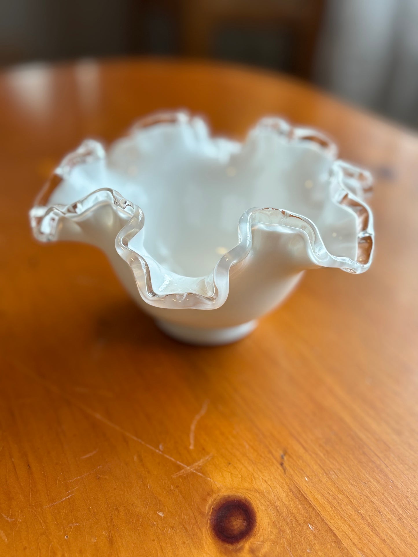 Vintage Fenton Milk Glass Ruffled Bowl – 7" Silver Crest Crimped Edge *