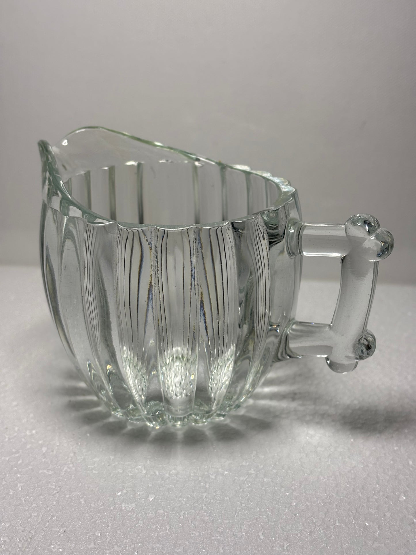 Vintage Ribbed Glass Creamer with Art Deco Handle – 4.5" x 3.5"