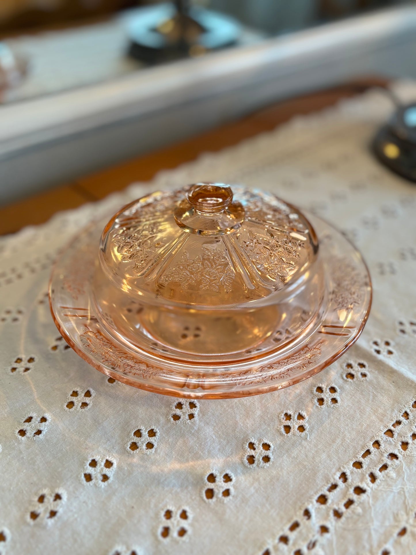 Vintage Pink Depression Glass Butter Dish with Lid – Floral Etched Design *