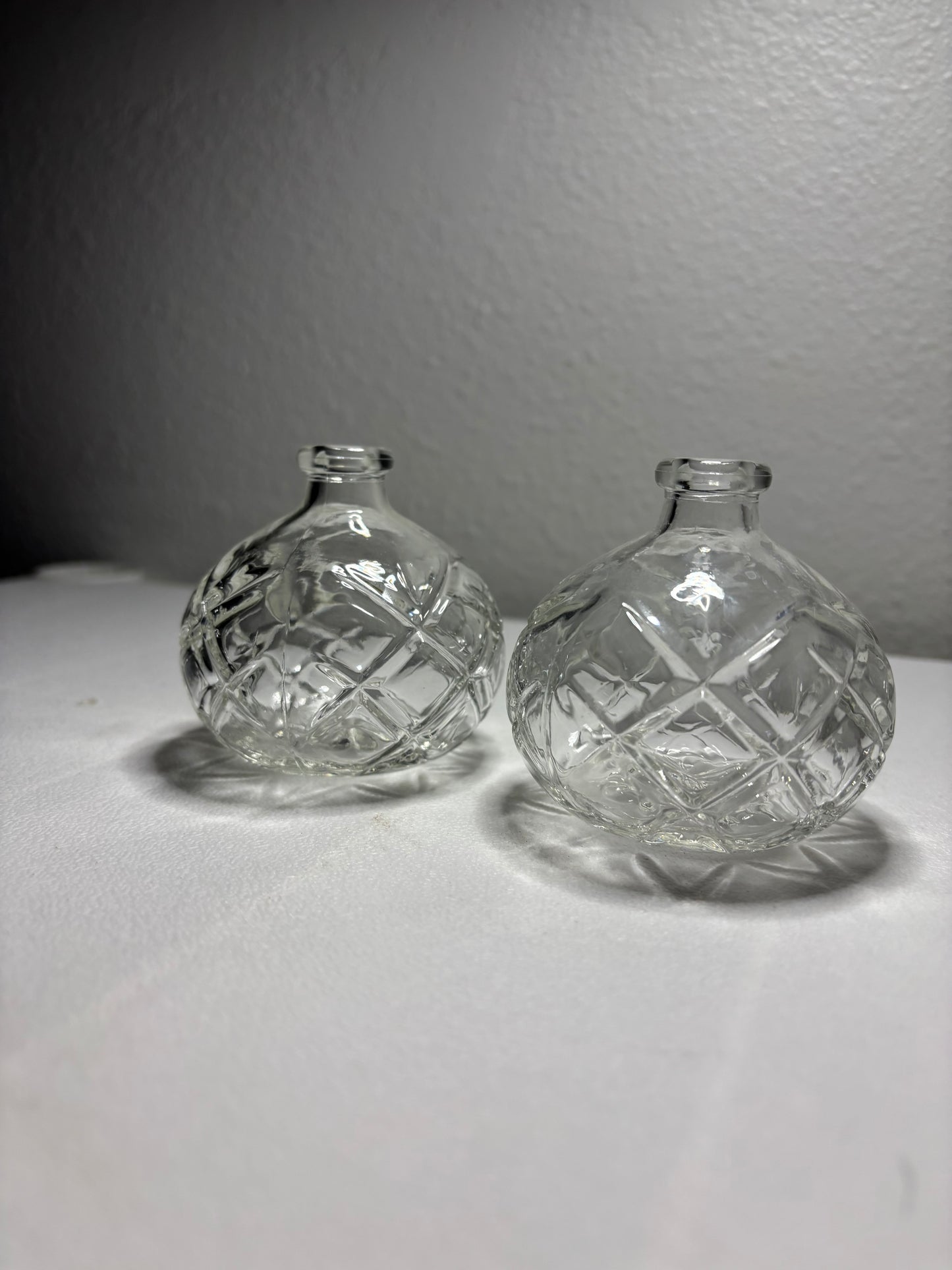 Vintage Mini Diamond-Cut Glass Bud Vases – Set of 2 – 3” Round