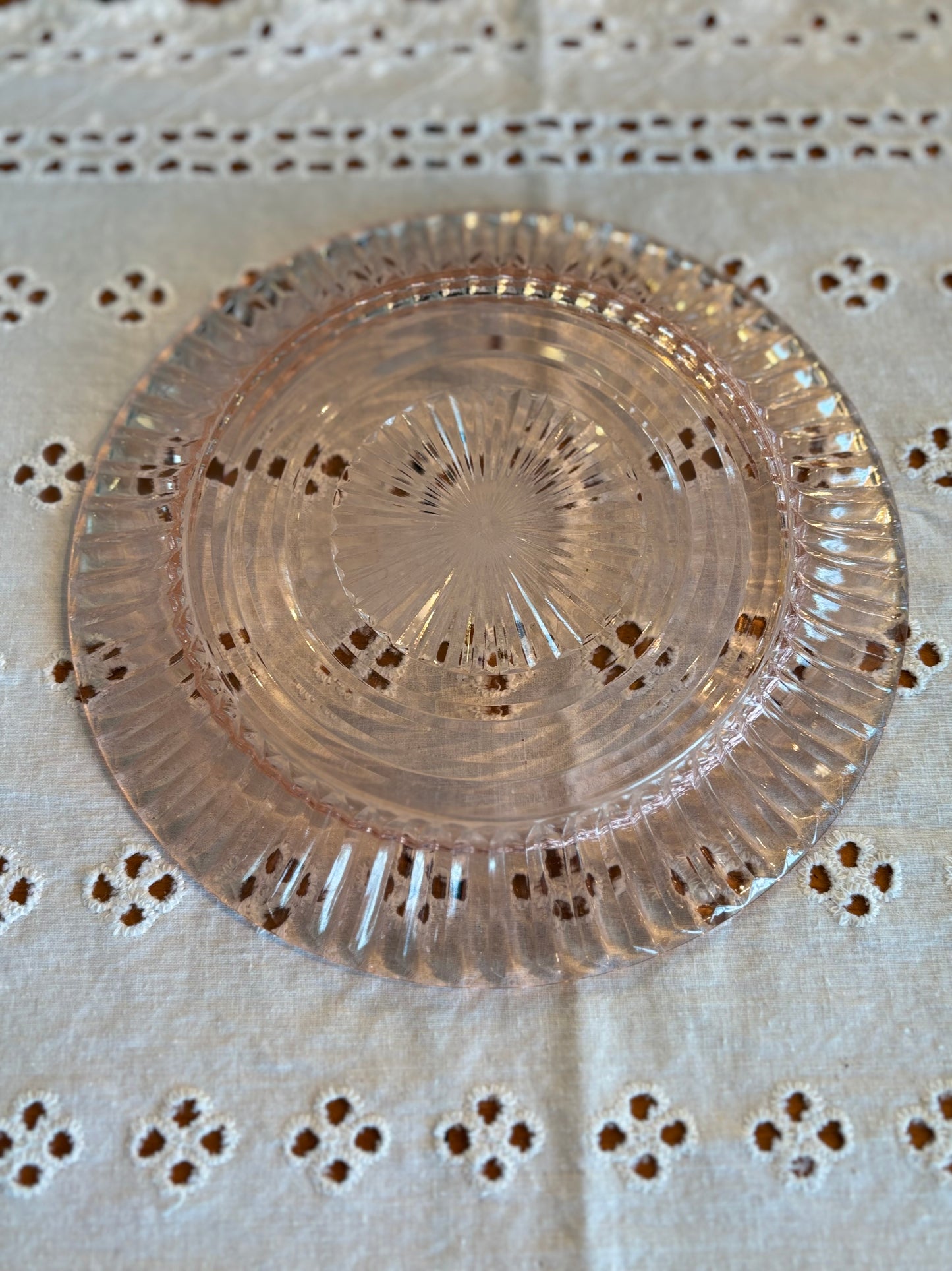 Vintage Pink Depression Glass Ribbed Salad Plate – 7" Sunburst Design *