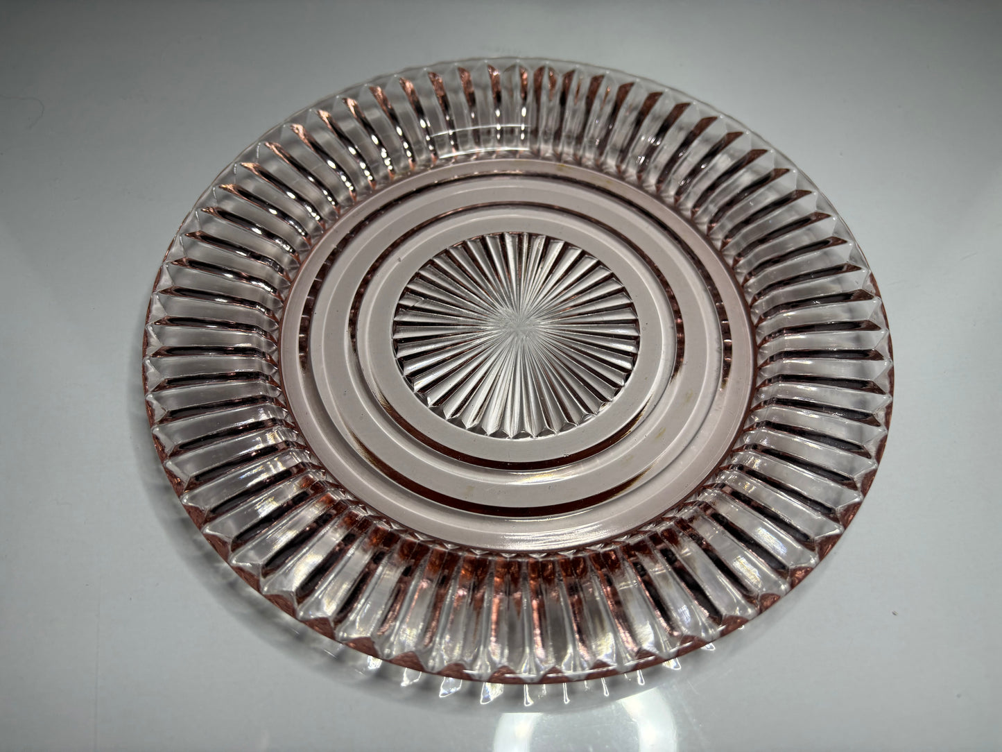 Vintage Pink Depression Glass Ribbed Salad Plate – 7" Sunburst Design *