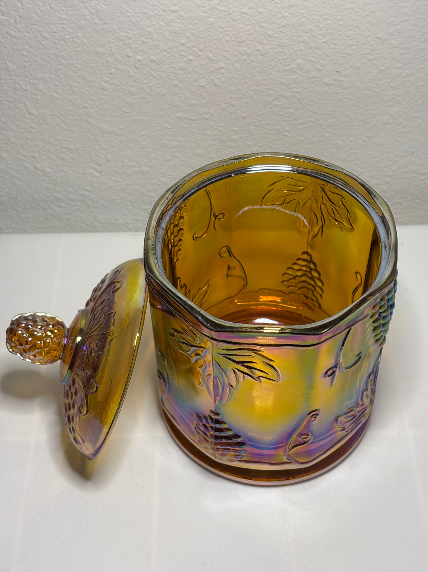 Vintage Iridescent Carnival Glass Canister Jar – Harvest Grape – 8" Tall