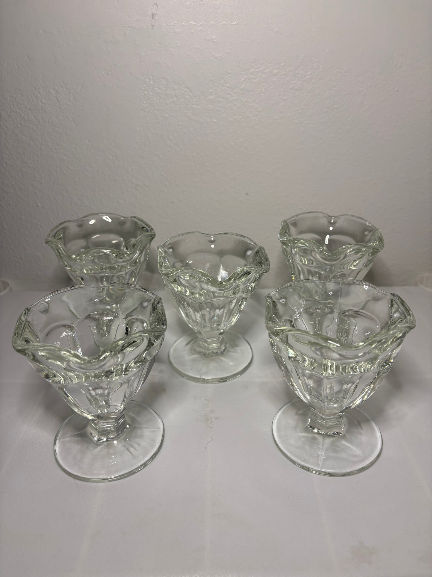 Set of 5 Vintage Pressed Glass Dessert Cups – Pedestal Ice Cream Bowls – 4” Tall